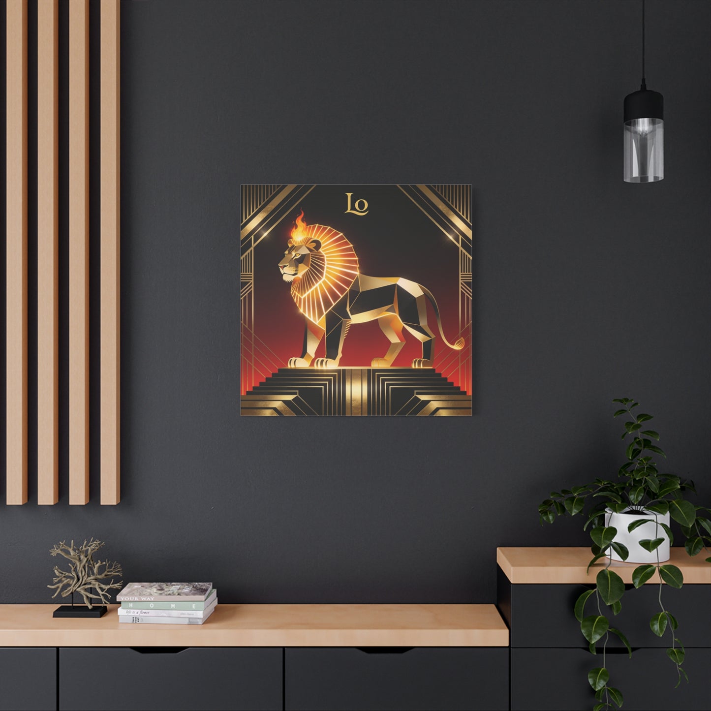 "Lo" Geometric Lion Canvas Wall Decor - Art Deco Gold Black Red Animal Print - Flaming Mane Illustration, Modern Luxe Interior Accent, Living Room Home Decoration - Living Room Wall Decor