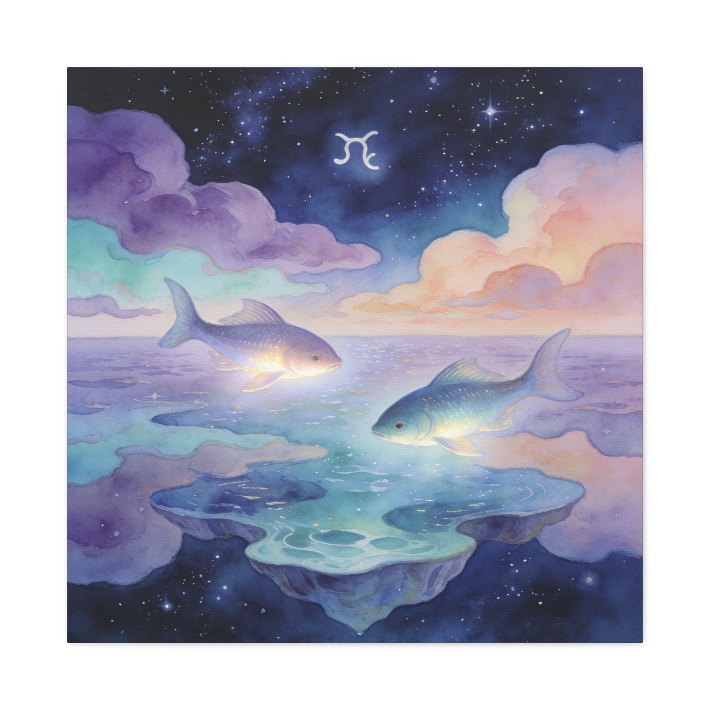 Pisces Zodiac Canvas Wall Art - Celestial Fish Over Dreamlike Sea, Watercolor Illustration - Mystical Night Sky, Matte Canvas Print - Bedroom Wall Decor, Meditation Space Accent - Ready to Hang