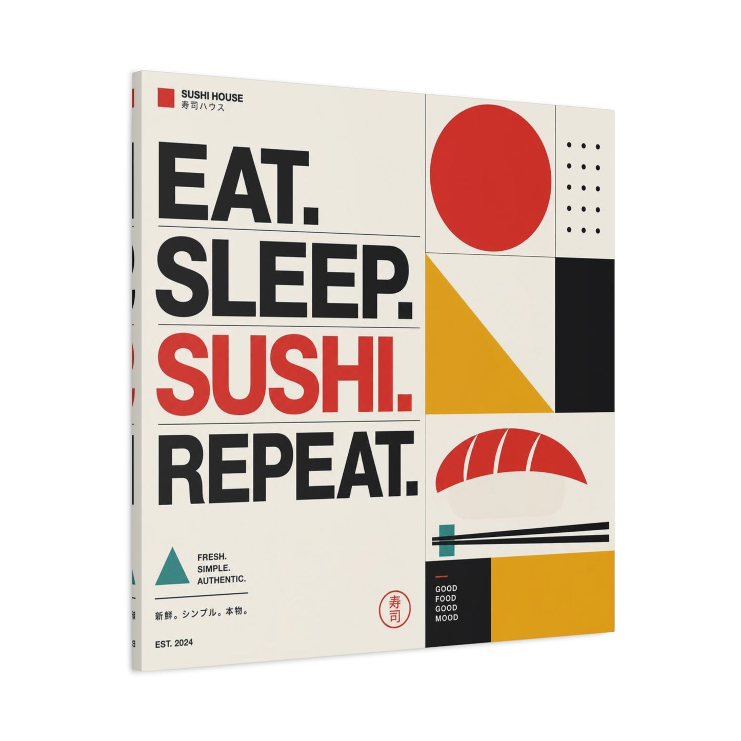 "Eat. Sleep. Sushi. Repeat." Sushi Canvas Wall Art - Japanese Typography Print, Geometric Food Poster Design - Modern Minimalist Cotton Canvas - Cafe Decor, Kitchen Accent, Dining Room Artwork
