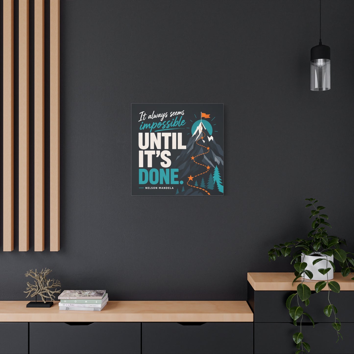 "It Always Seems Impossible Until It's Done" Motivational Canvas Wall Art - Mountain Quote Print, Teal And Orange Typography Decor - Modern Inspirational Living Room Office Wall Decor - Ready to Hang