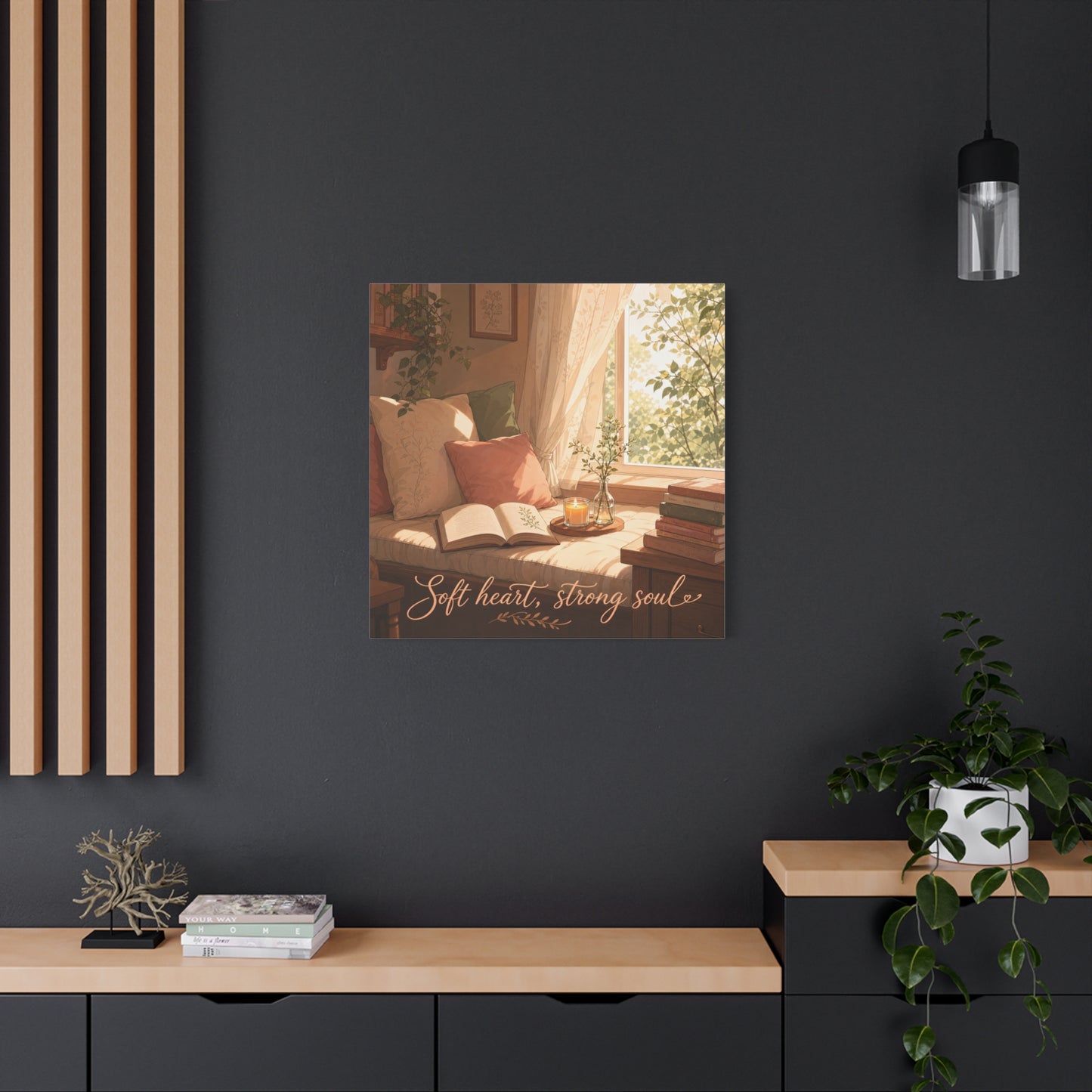 "Soft Heart, Strong Soul" Reading Nook Canvas Wall Art - Sunlit Window Seat, Books, Candle, Botanical Bedroom Decor - Cozy Cottagecore Style - Living Room Wall Decor - Bedroom Home Decoration
