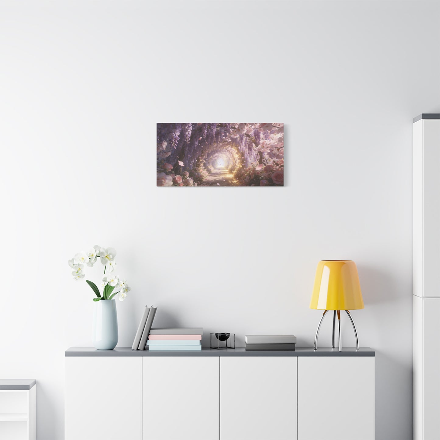 Wisteria Blossom Tunnel Canvas Wall Art - Cherry Blossom Garden Path, Ethereal Floral Wall Decor - Dreamy Matte Canvas Print - Romantic Bedroom Home Decoration, Living Room Accent - Ready to Hang