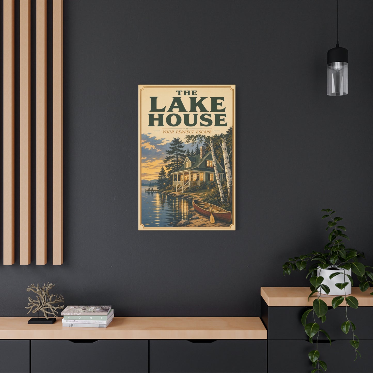 "The Lake House Your ideal Escape" Canvas Wall Art - Vintage Lakeside Cabin, Canoe And Birch Trees - Rustic Landscape Print - Living Room Wall Decor, Cabin Home Decoration - Bedroom Home Decoration