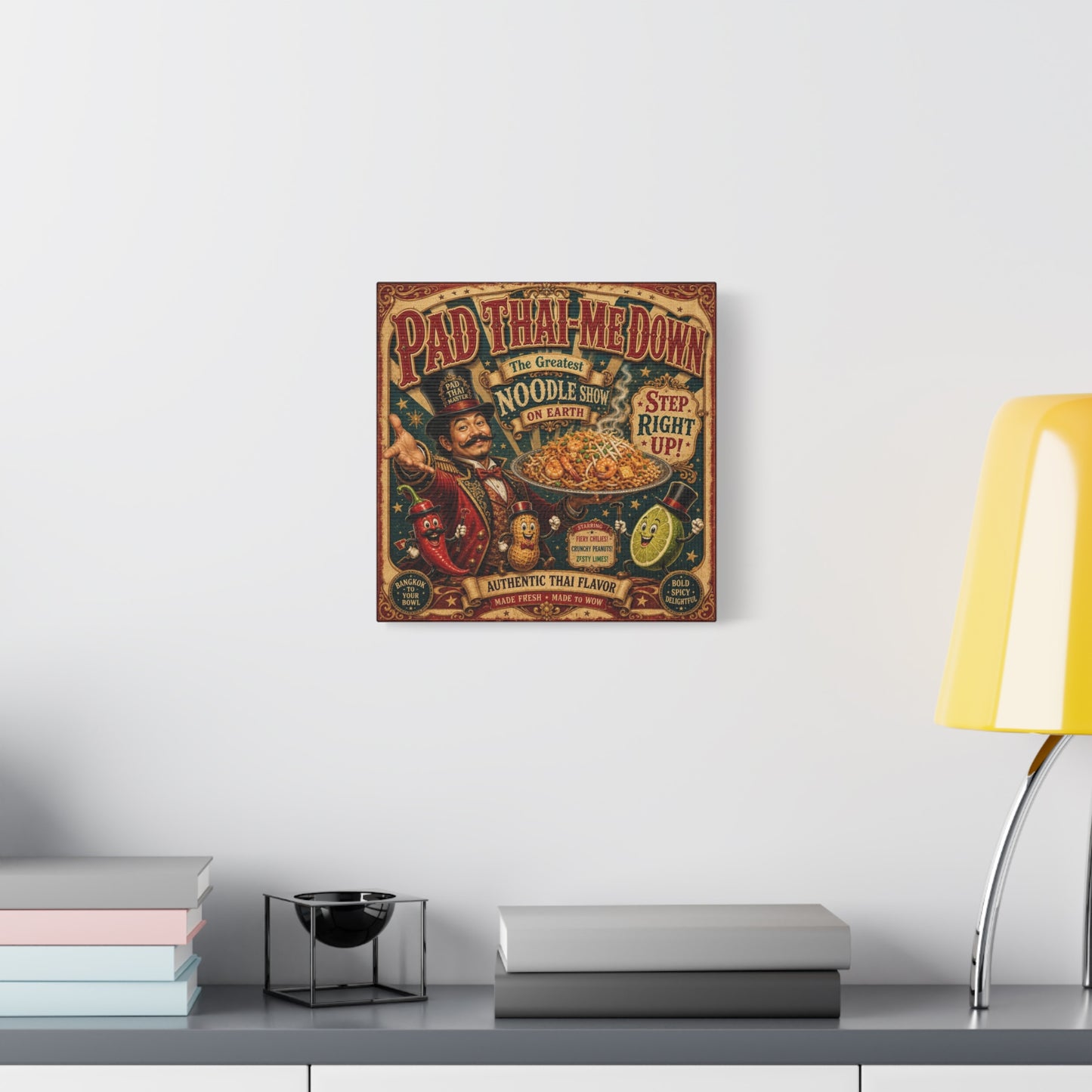 "Pad Thai-Me Down" Canvas Wall Art - Vintage Circus Noodle Poster, Typography Illustration, Whimsical Restaurant Decor, Cafe Wall Decor, Retro Kitchen Accent, Matte Canvas Print - Ready to Hang