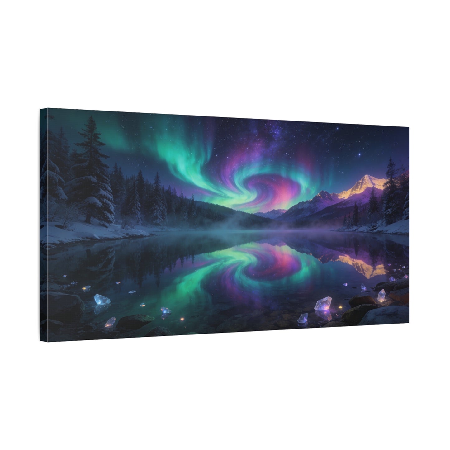 Aurora Borealis Mountain Lake Canvas Wall Art - Northern Lights Night Sky, Snowy Pine Forest Reflection - Dreamy Matte Canvas Print - Bedroom Wall Decor, Living Room Accent - Bedroom Home Decoration