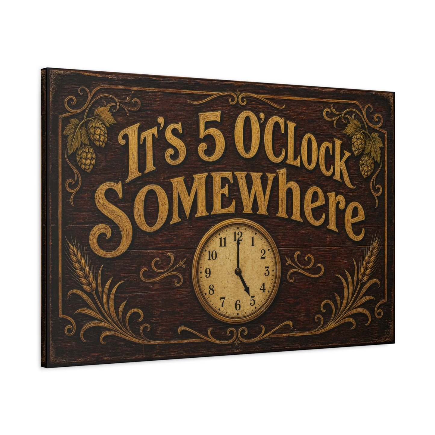 "It's 5 O'Clock Somewhere" Canvas Wall Art - Rustic Bar Sign, Vintage Clock Typography - Farmhouse Pub Decor, Brown Gold - Pub Wall Art - Cocktail Lounge Decor - Speakeasy Style Sign - Ready to Hang