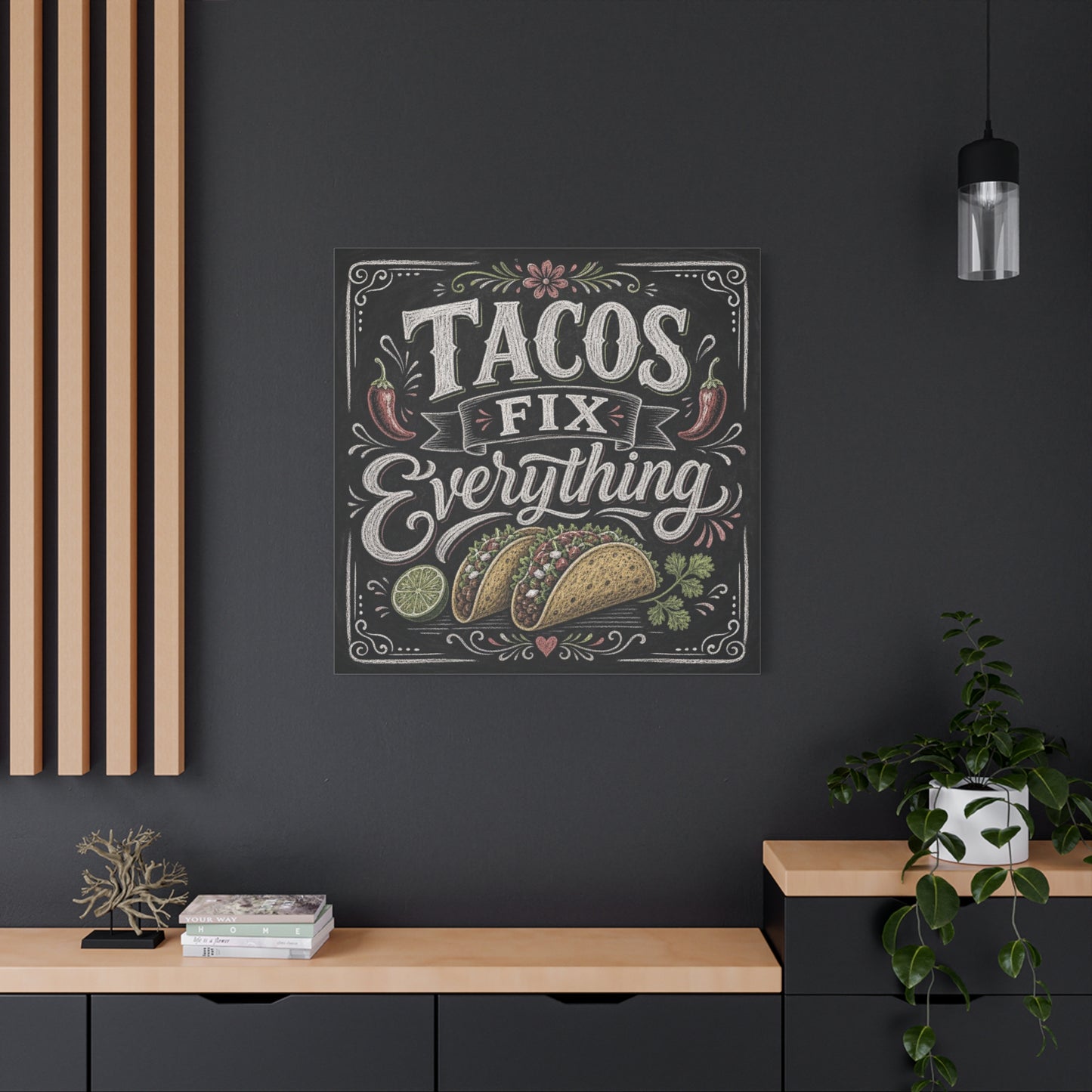 "Tacos Fix Everything" Canvas Wall Art - Chalkboard Taco Kitchen Print, Rustic Typography Decor - Matte Cotton Art Print - Farmhouse Dining Room Accent, Cafe Interior Style - Living Room Wall Decor
