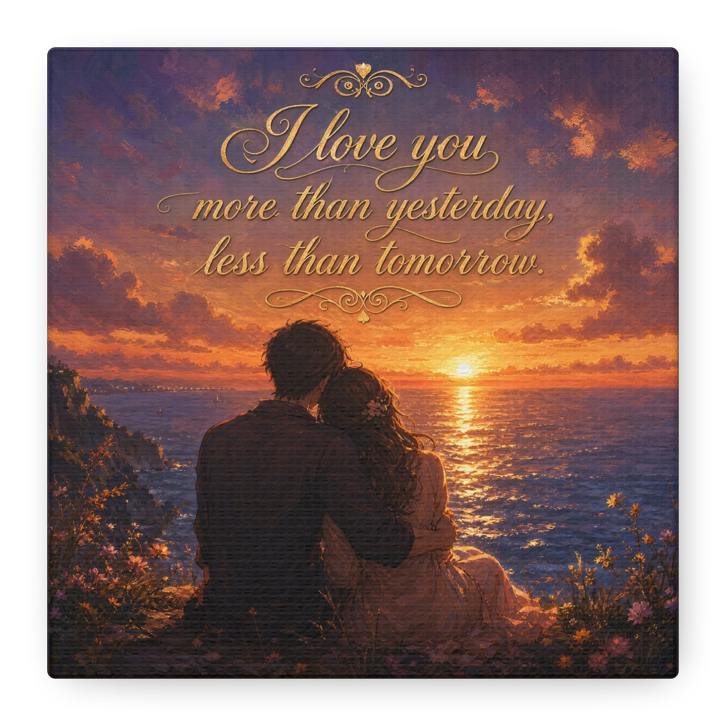 "I Love You More Than Yesterday, Less Than Tomorrow." Love Quote Canvas Wall Art - Romantic Sunset Ocean Couple Silhouette - Gold Script Seascape - Bedroom Wall Decor - Ready to Hang - Ready to Hang
