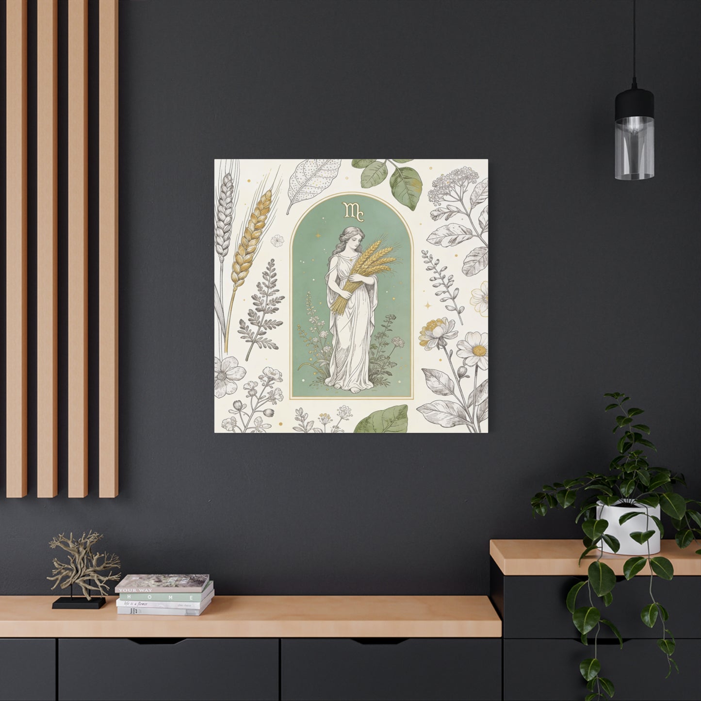 Virgo Zodiac Canvas Wall Art - Botanical Maiden Holding Wheat, Celestial Illustration - Sage Green Gold Cotton Print - Vintage Astrology Decor, Bedroom Wall Hanging Accent - Bedroom Home Decoration