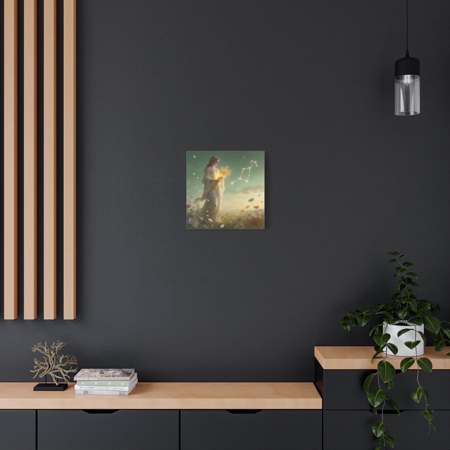 Virgo Maiden Canvas Wall Art - Celestial Wheat Goddess Illustration, Luminous Zodiac Sky, Matte Cotton Print, Bohemian Bedroom Decor, Meditation Space Accent, Ready To Hang - Living Room Wall Decor