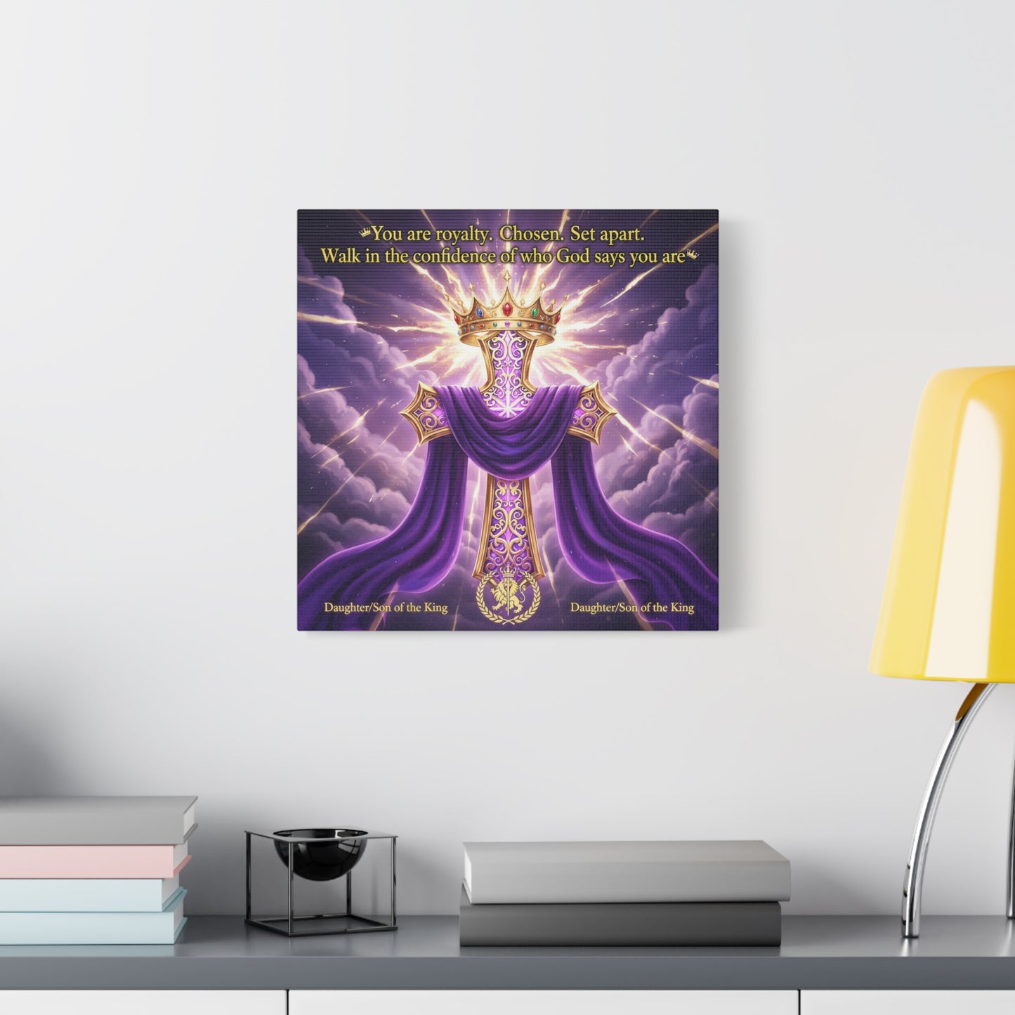 "You Are Royalty. Chosen. Set Apart." Christian Canvas Wall Art - Crowned Cross With Purple Draped Cloth, Daughter Son Of The King Quote - Religious Wall Decor For Bedroom, Office - Ready to Hang
