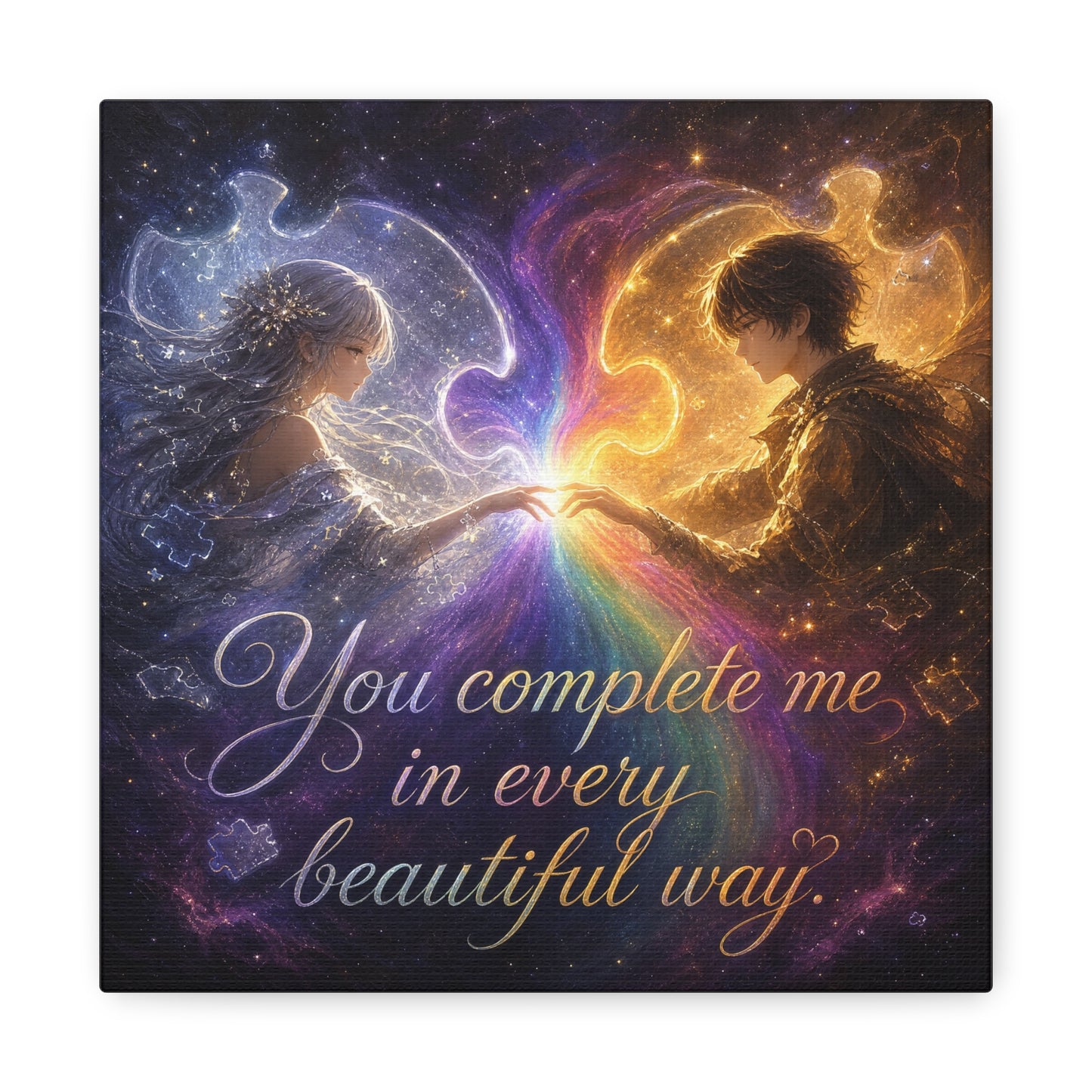 "You Complete Me In Every Beautiful Way" Romantic Couple Canvas Wall Art - Celestial Puzzle Soulmate Quote Print, Fantasy Love Decor - Bedroom Wall Hanging - Ready to Hang - Bedroom Home Decoration