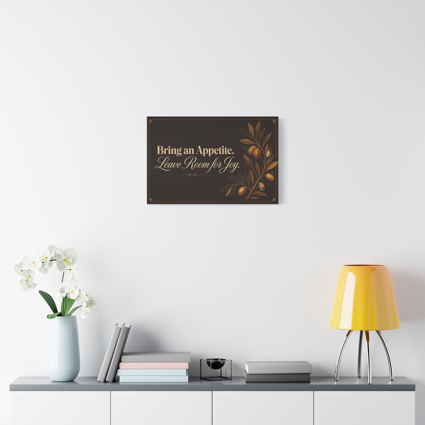 "Bring An Appetite. Leave Room For Joy." Typography Canvas Wall Art - Olive Branch Kitchen Decor - Vintage Dark Brown And Gold Quote Print - Dining Room Home Decoration - Bedroom Home Decoration