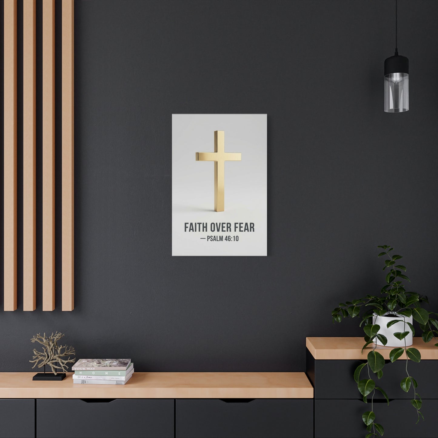 "Faith Over Fear" Psalm 46:10 Cross Canvas Wall Art - Gold Christian Scripture Print, Minimalist Religious Wall Decor - Modern Bedroom Home Decoration - Bedroom Home Decoration - Cozy Reading Nook Art