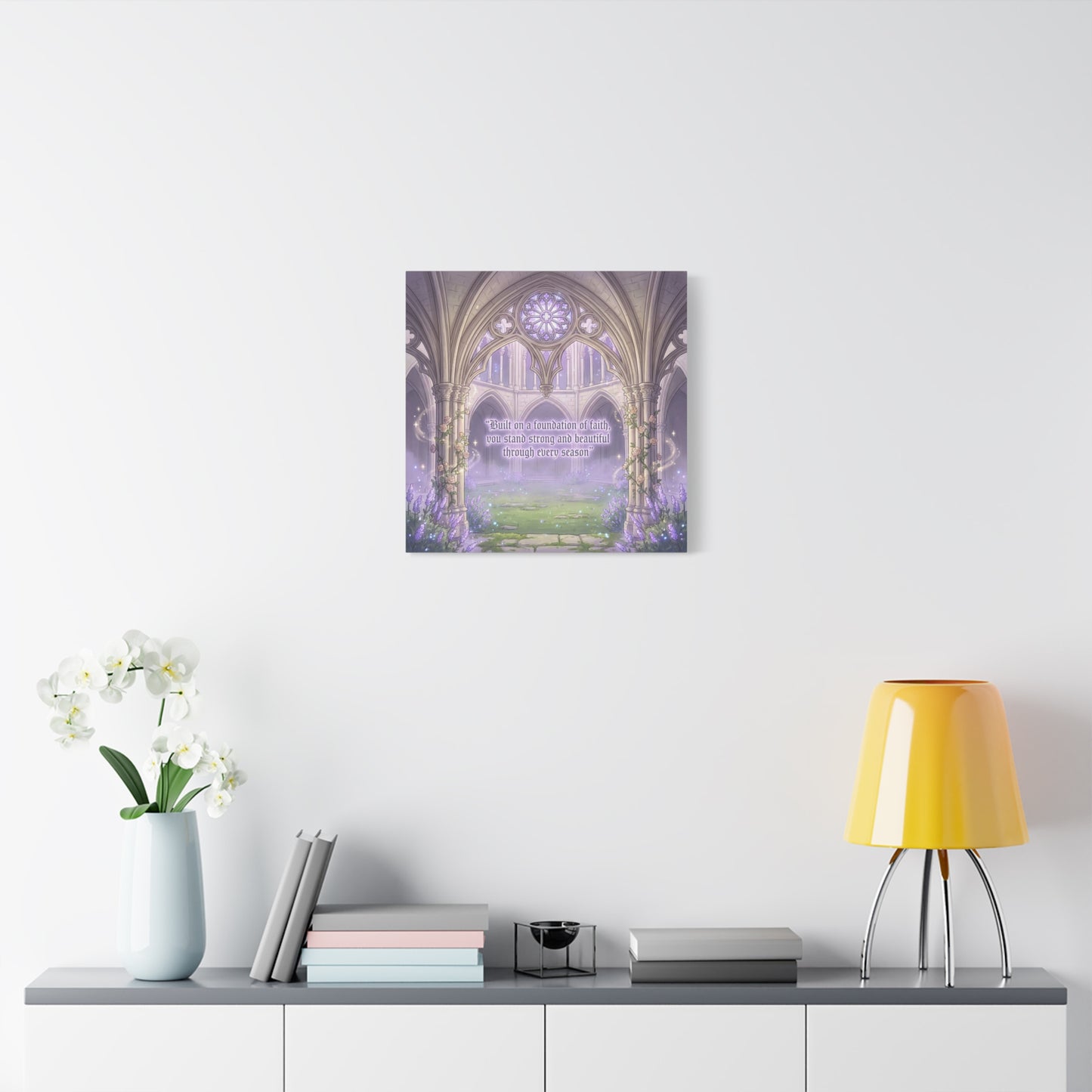 "Built On A Foundation Of Faith, You Stand Strong And Beautiful Through Every Season" Canvas Wall Art - Gothic Cathedral Arch Quote Print - Lavender Floral Decor For Bedroom Living Room