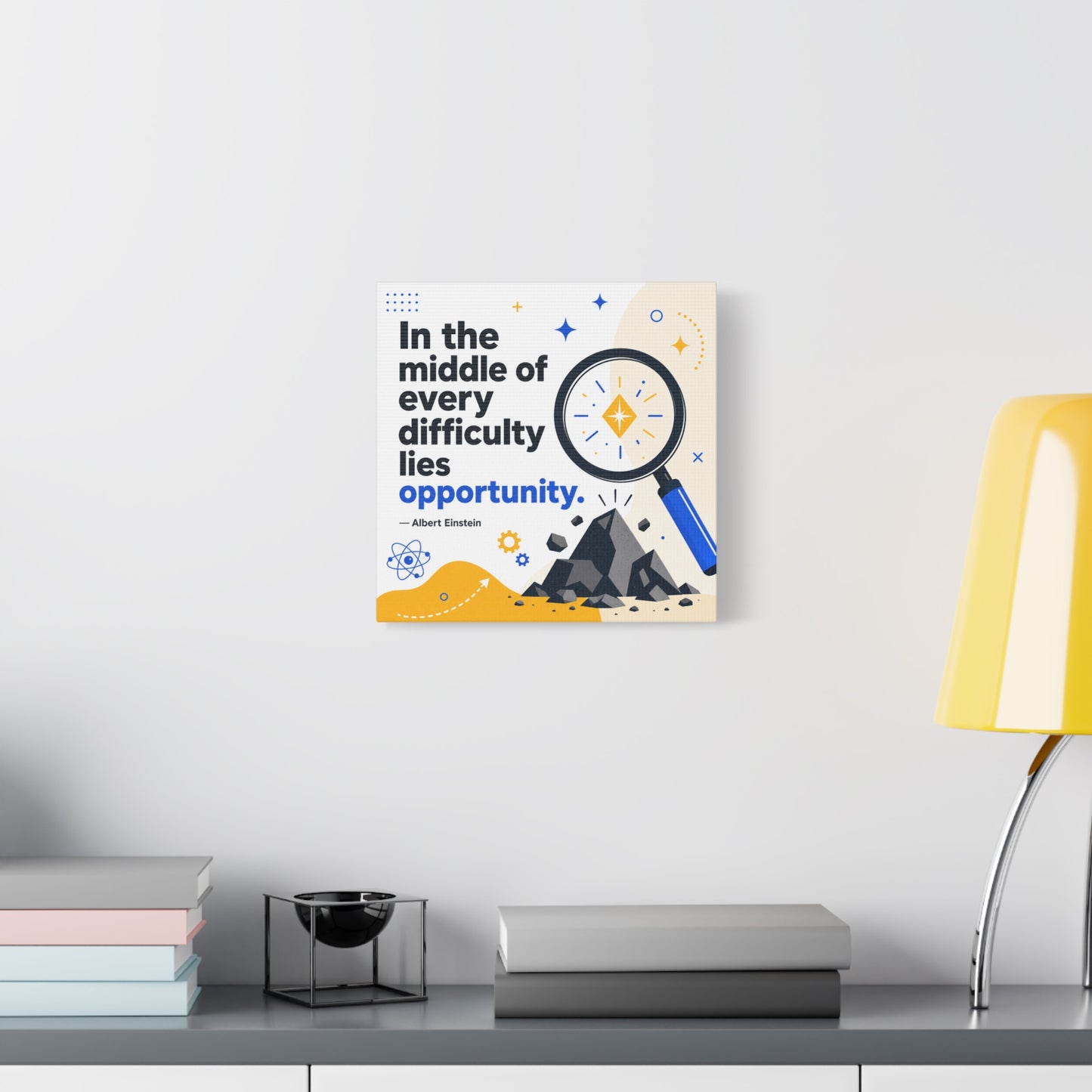 "In The Middle Of Every Difficulty Lies Opportunity." Einstein Canvas Wall Art - Motivational Quote Print, Blue Yellow Modern Typography, Office Decor, Classroom Inspiration, Study Room Accent