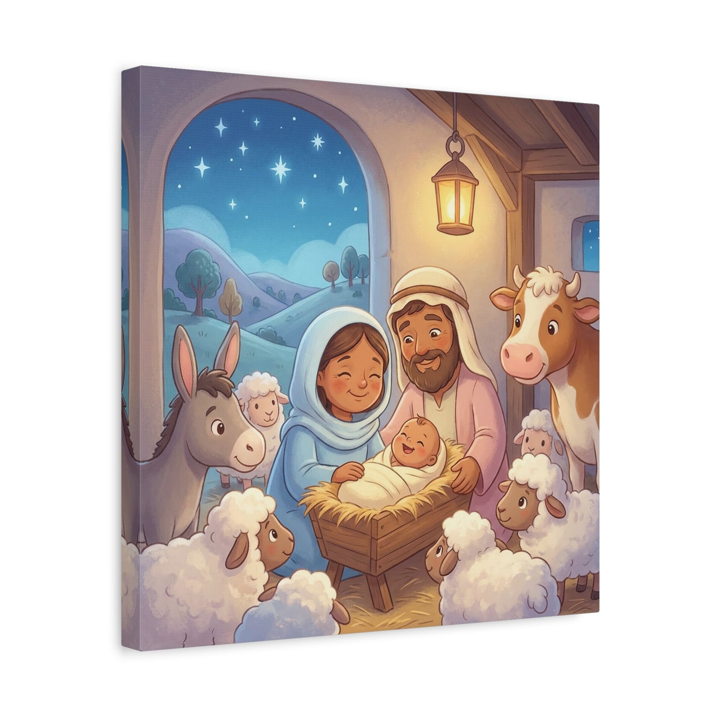 Holy Family Nativity Canvas Wall Art - Baby Jesus, Mary And Joseph Nursery Decor - Starry Stable Christian Home Decoration - Matte Canvas Print For Bedroom, Living Room - Ready to Hang - Ready to Hang