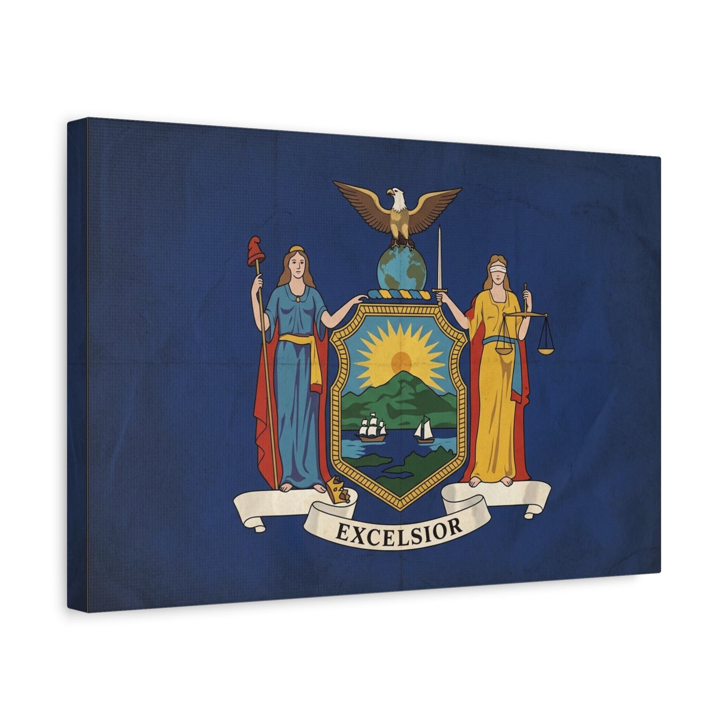 "Excelsior" New York State Flag Canvas Wall Art - Empire State Banner Print, Vintage Blue Heraldic Decor - Patriotic Illustration Style - Living Room Wall Decor, Office Art - Bedroom Home Decoration