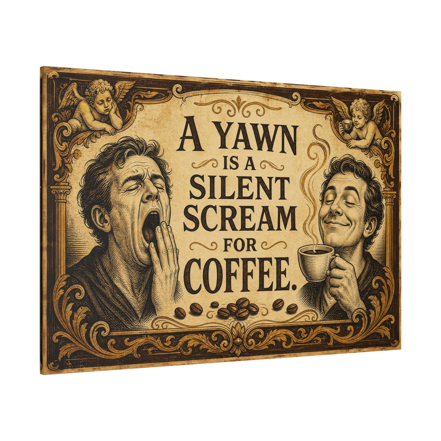 "A Yawn Is A Silent Scream For Coffee" Funny Coffee Canvas Wall Art - Vintage Cherub Quote Print, Sepia Cafe Style, Office Humor - Cafe Wall Art - Bistro Decor - Espresso Bar Sign - Ready to Hang