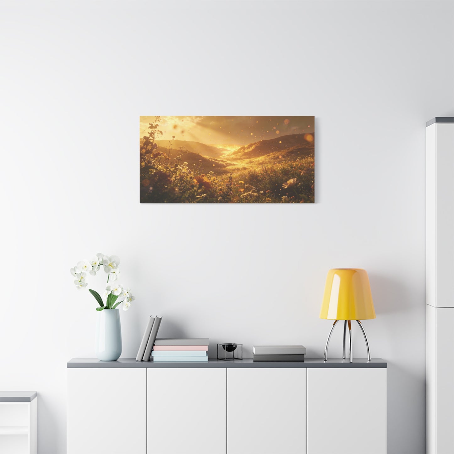 Golden Wildflower Valley Canvas Wall Art - Sunlit Meadow Landscape Print, Warm Rustic Contemporary Decor - Matte Cotton Artwork For Living Room, Bedroom Decoration, Office Accent - Office Wall Art