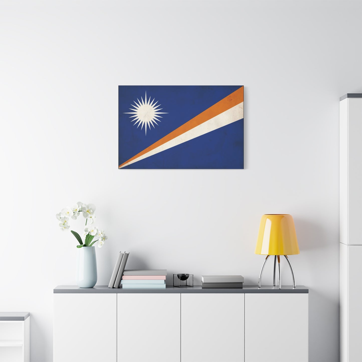 Marshall Islands Flag Canvas Wall Art - Blue Field, White Starburst, Orange Stripe - Vintage Patriotic Print - Coastal Island Decor For Living Room, Office Wall Display Accent - Modern Farmhouse Style