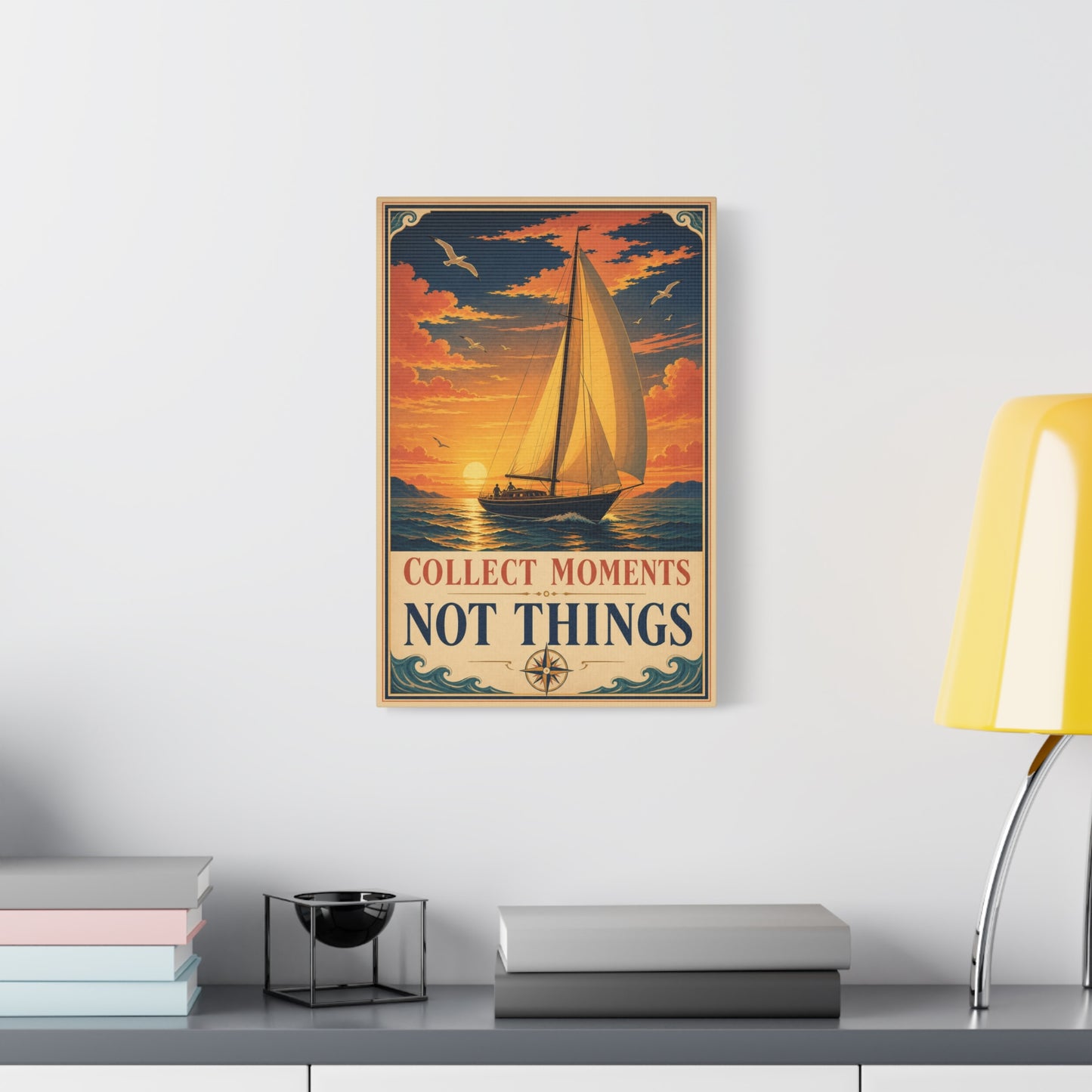 "Collect Moments Not Things" Sailboat Canvas Wall Art - Vintage Nautical Sunset Seascape, Inspirational Ocean Poster Style - Coastal Living Room Wall Decor, Bedroom Home Decoration - Ready to Hang