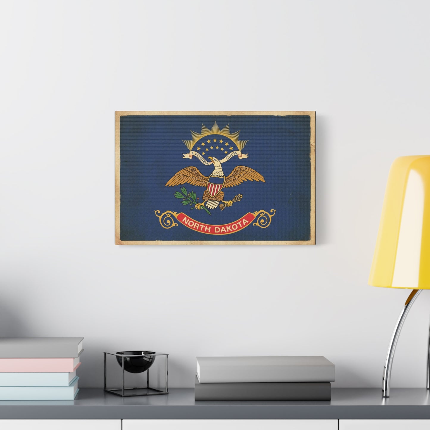 North Dakota Flag Canvas Wall Art - E Pluribus Unum Vintage State Banner Print - Patriotic Blue Eagle Emblem Decor - Rustic Americana Style - Ready to Hang - Living Room Wall Decor - Ready to Hang