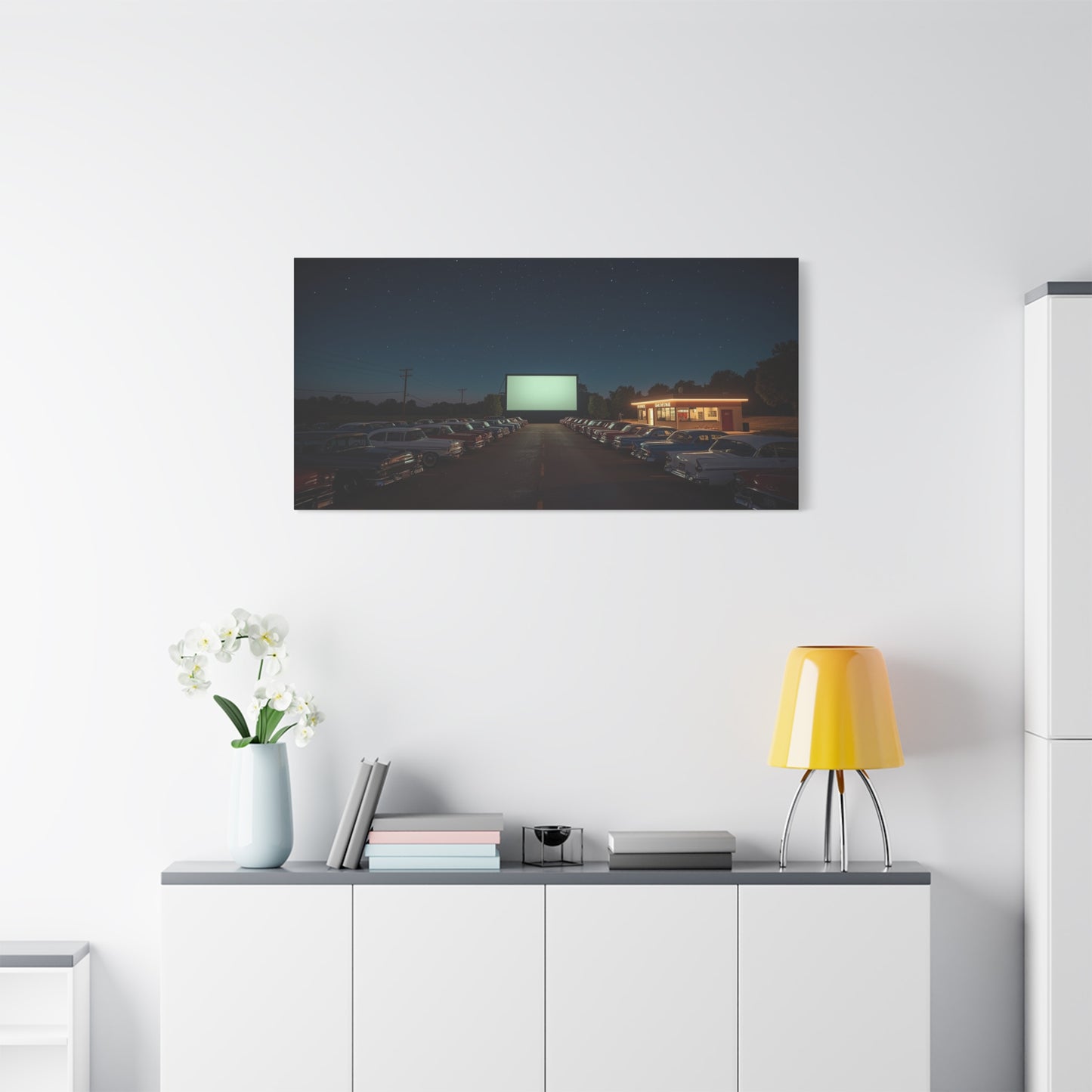 Vintage Drive-In Theater Canvas Wall Art - Starry Night Cinema Parking Lot, Retro Americana Art Print - Moody Contemporary Style - Living Room Wall Decor, Office Art - Bedroom Home Decoration