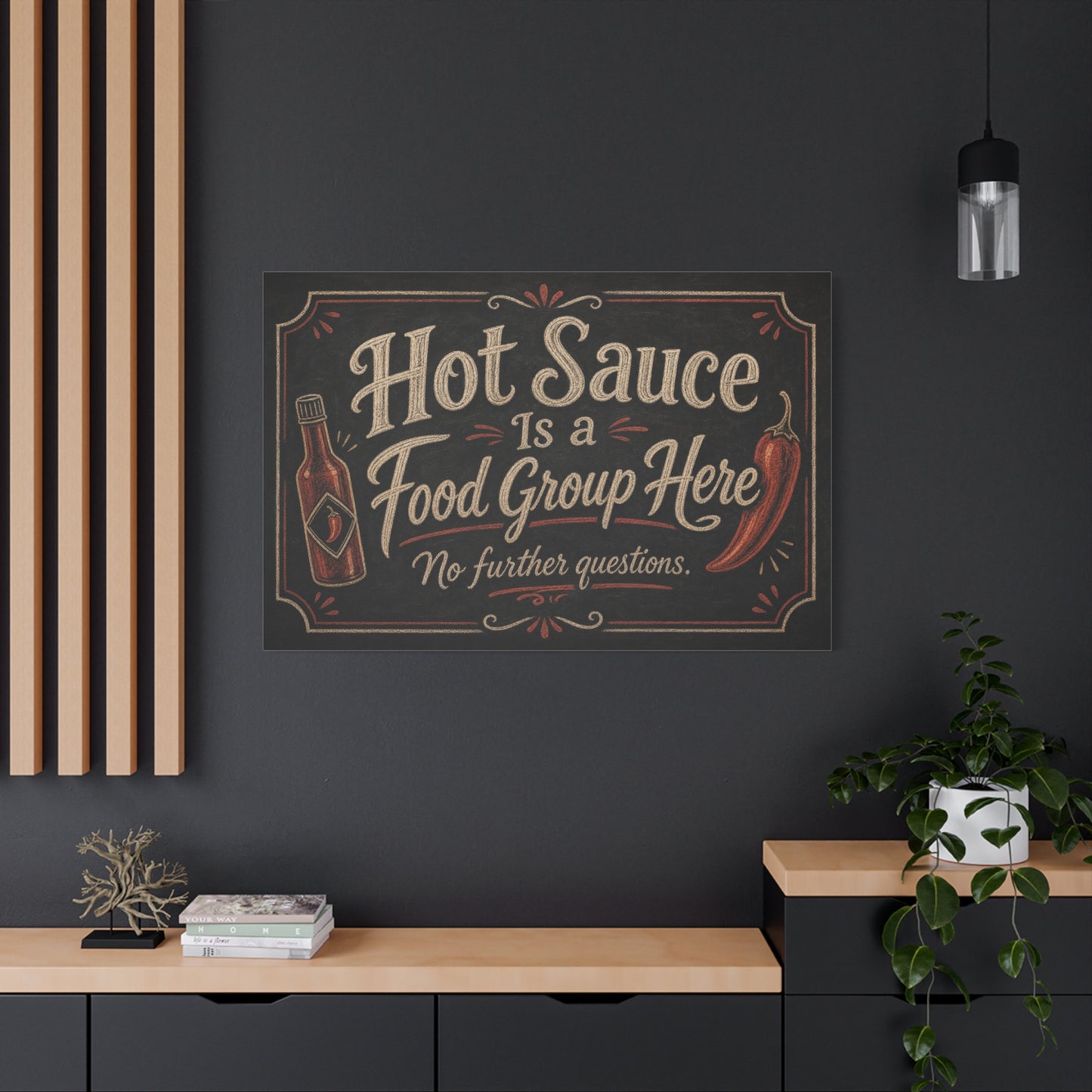 "Hot Sauce Is a Food Group Here No further questions." Canvas Wall Art - Chalkboard Kitchen Quote - Vintage Rustic Typography - Dining Room Wall Decor - Modern Farmhouse Style - Modern Farmhouse Style