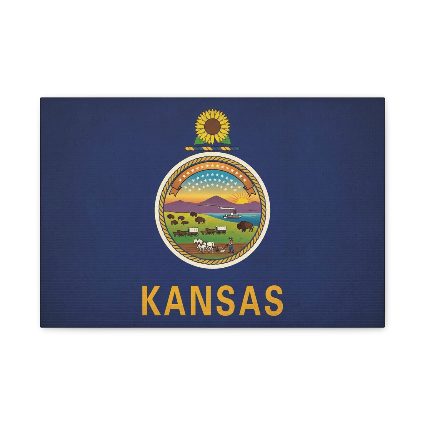 Kansas State Flag Canvas Wall Art - Sunflower Seal Prairie Buffalo Wagon Sunset Print - Vintage Blue Typography Decor - Living Room Wall Decor, Office Art, Dorm Accent - Bedroom Home Decoration