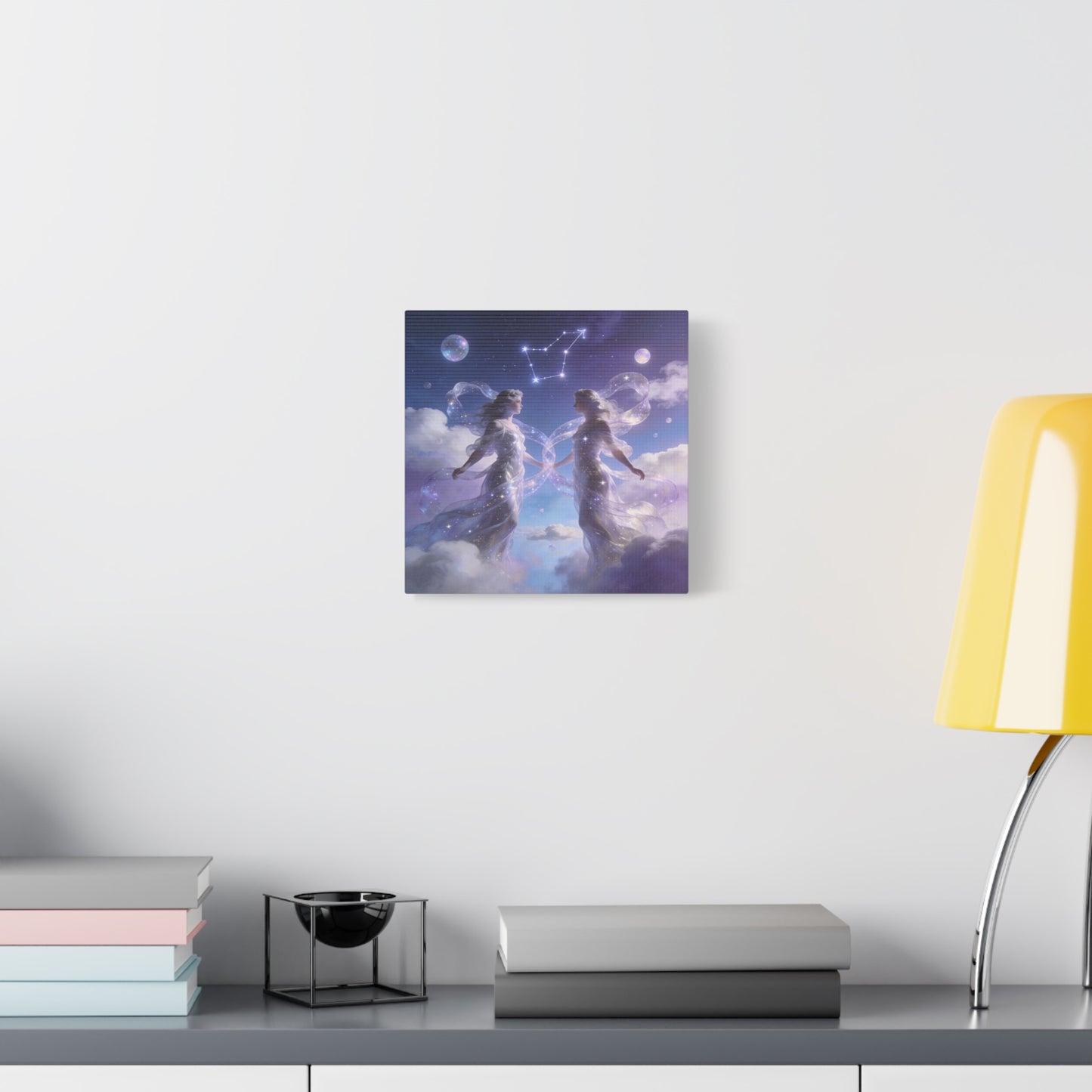 Gemini Zodiac Canvas Wall Art - Celestial Twin Women Under Constellation, Dreamy Fantasy Sky Scene - Matte Cotton Art Print - Bedroom Wall Decor, Meditation Space Accent - Bedroom Home Decoration