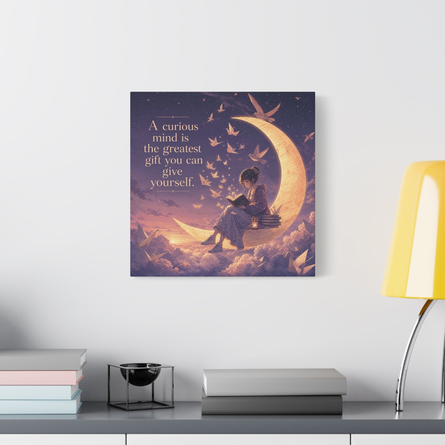 "A Curious Mind Is The Greatest You Can Give Yourself" Canvas Wall Art - Moon Reading Girl Quote Print, Dreamy Celestial Illustration - Bedroom Wall Decor, Home Office Accent - Ready to Hang