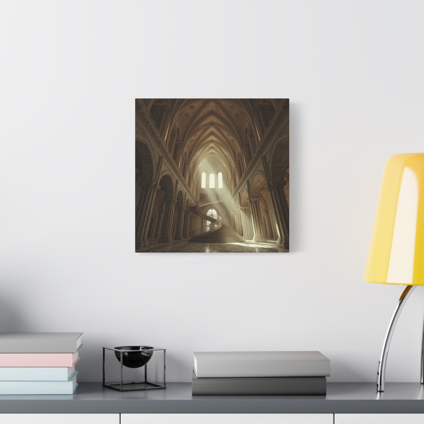 Gothic Cathedral Interior Canvas Wall Art - Sunlit Spiral Staircase, Religious Architecture Print - Matte Cotton Canvas - Traditional Style - Living Room Wall Decor, Office Art - Ready to Hang