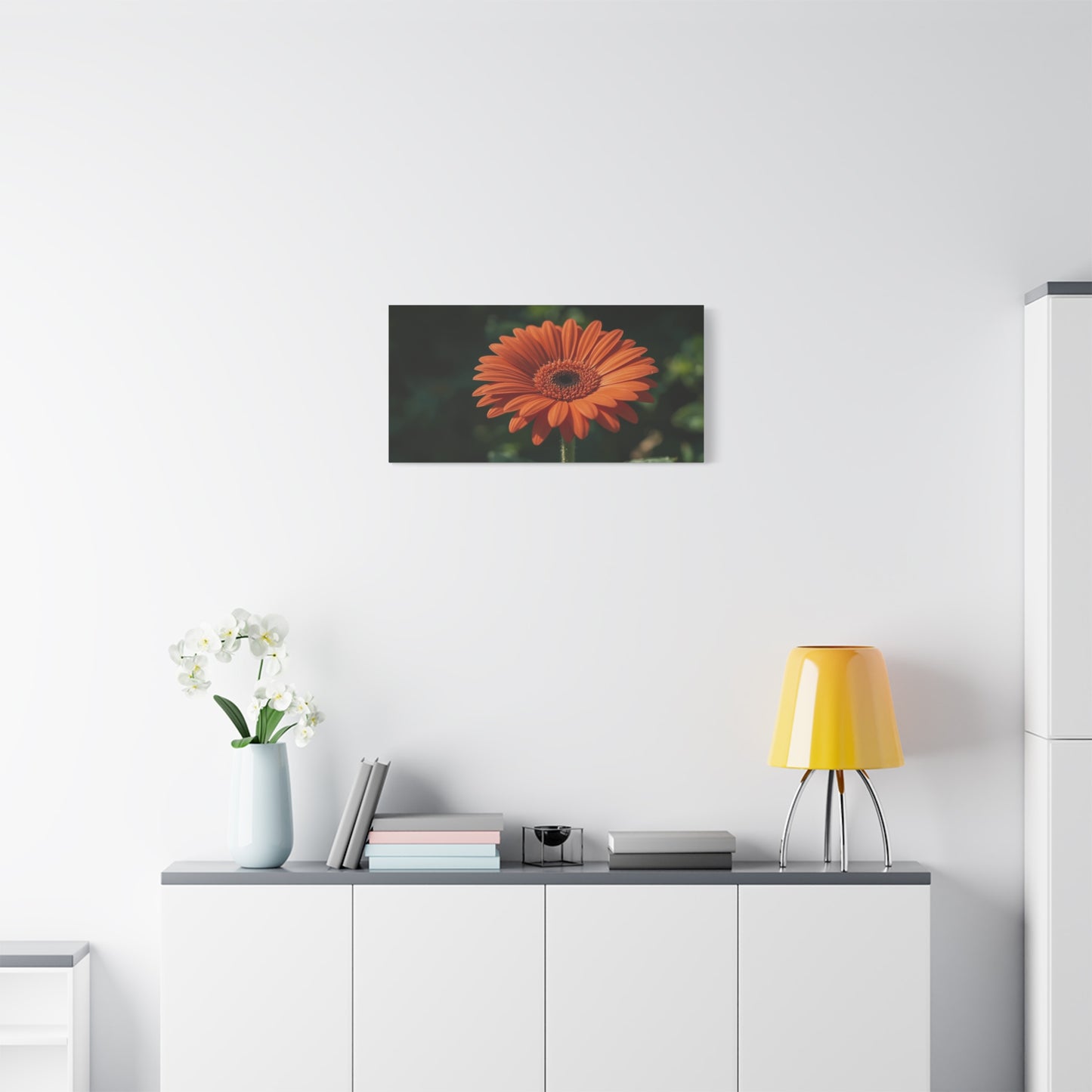 Orange Gerbera Daisy Canvas Wall Art - Botanical Floral Art Print, Dark Green Background - Matte Cotton Decor - Bedroom Wall Hanging, Living Room Home Accent - Bedroom Home Decoration