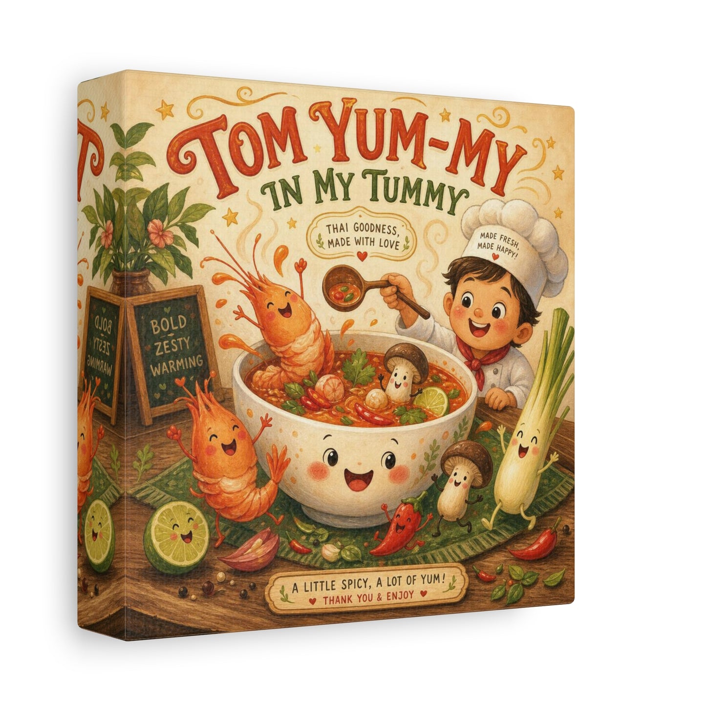 "Tom Yum-My In My Tummy" Canvas Wall Art - Cute Thai Soup Chef Illustration, Whimsical Kitchen Decor - Matte Cotton Canvas Print - Vintage Style Dining Room Wall Decor - Bedroom Home Decoration