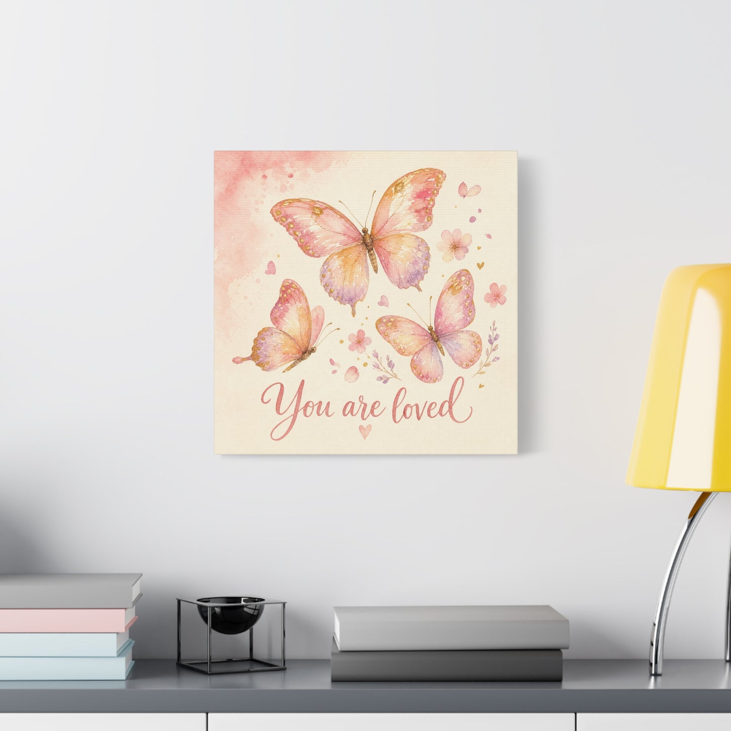 "You Are Loved" Butterfly Canvas Wall Art - Pink Watercolor Butterflies, Inspirational Nursery Decor - Soft Pastel Floral Home Decoration - Bedroom Wall Hanging, Baby Girl Room Accent - Ready to Hang