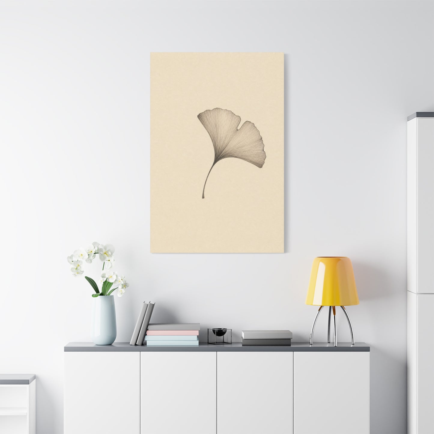 Ginkgo Leaf Canvas Wall Art - Minimalist Botanical Line Drawing, Neutral Beige Cotton Art Print - Contemporary Zen Style - Bedroom Wall Decor, Living Room Home Decoration - Bedroom Home Decoration