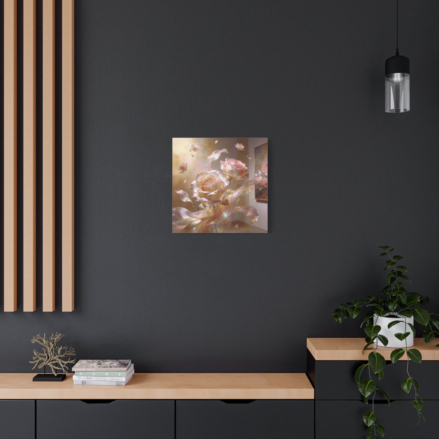 Iridescent Pink Rose Canvas Wall Art - Pearlescent Floral Wall Decor, Dreamy Botanical Home Decoration - Luminous Matte Canvas Print - Romantic Contemporary Style, Bedroom Accent - Ready to Hang