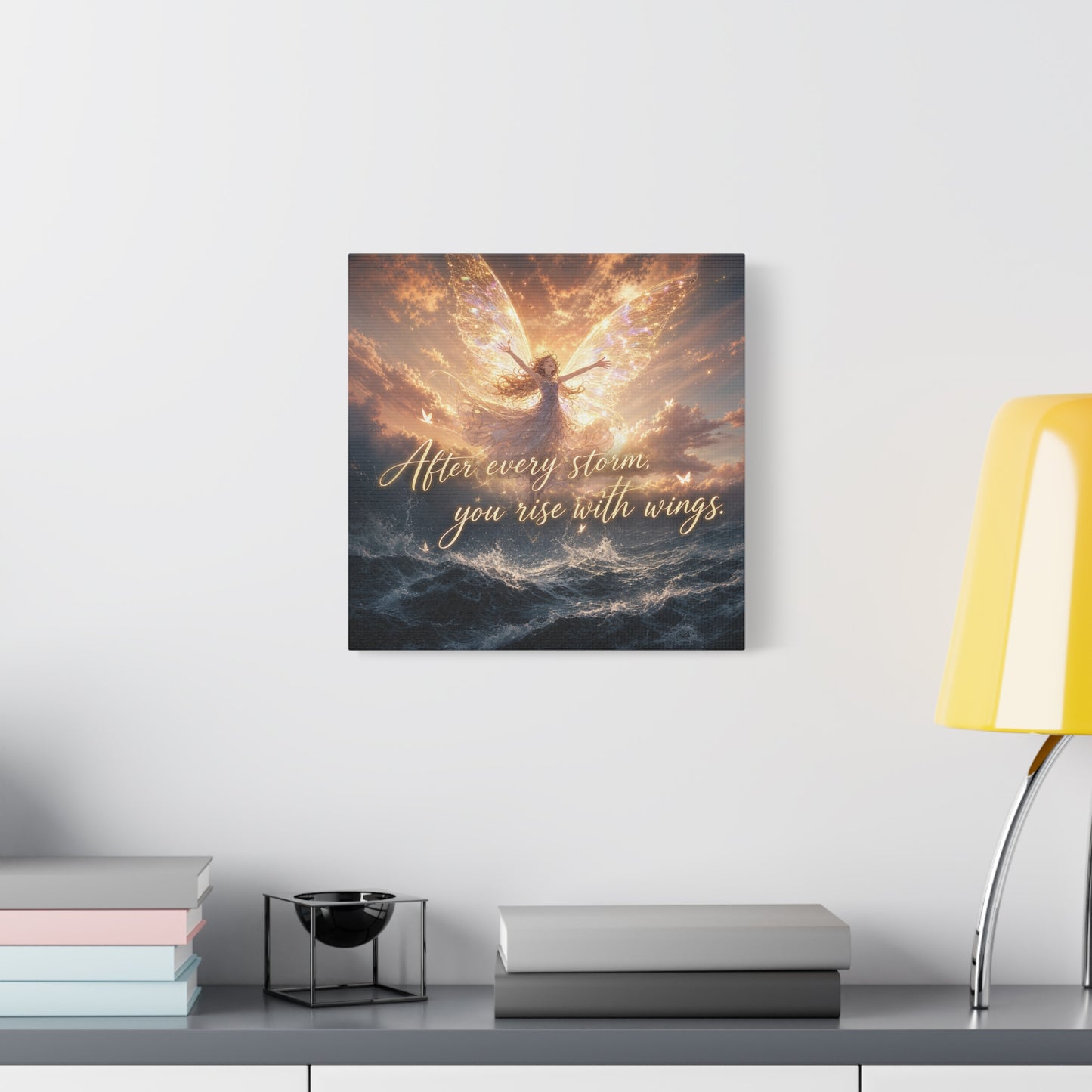 "After Every Storm, You Rise With Wings." Fairy Canvas Wall Art - Inspirational Ocean Sky Quote Print - Golden Ethereal Fantasy Decor - Bedroom Wall Hanging, Living Room Accent - Ready to Hang