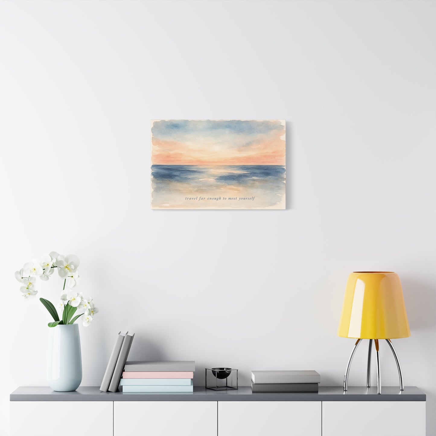 "Travel Far Enough To Meet Yourself" Coastal Canvas Wall Art - Watercolor Ocean Sunset Quote Print - Serene Beach Seascape Decor - Bedroom Living Room Wall Decor - Bedroom Home Decoration