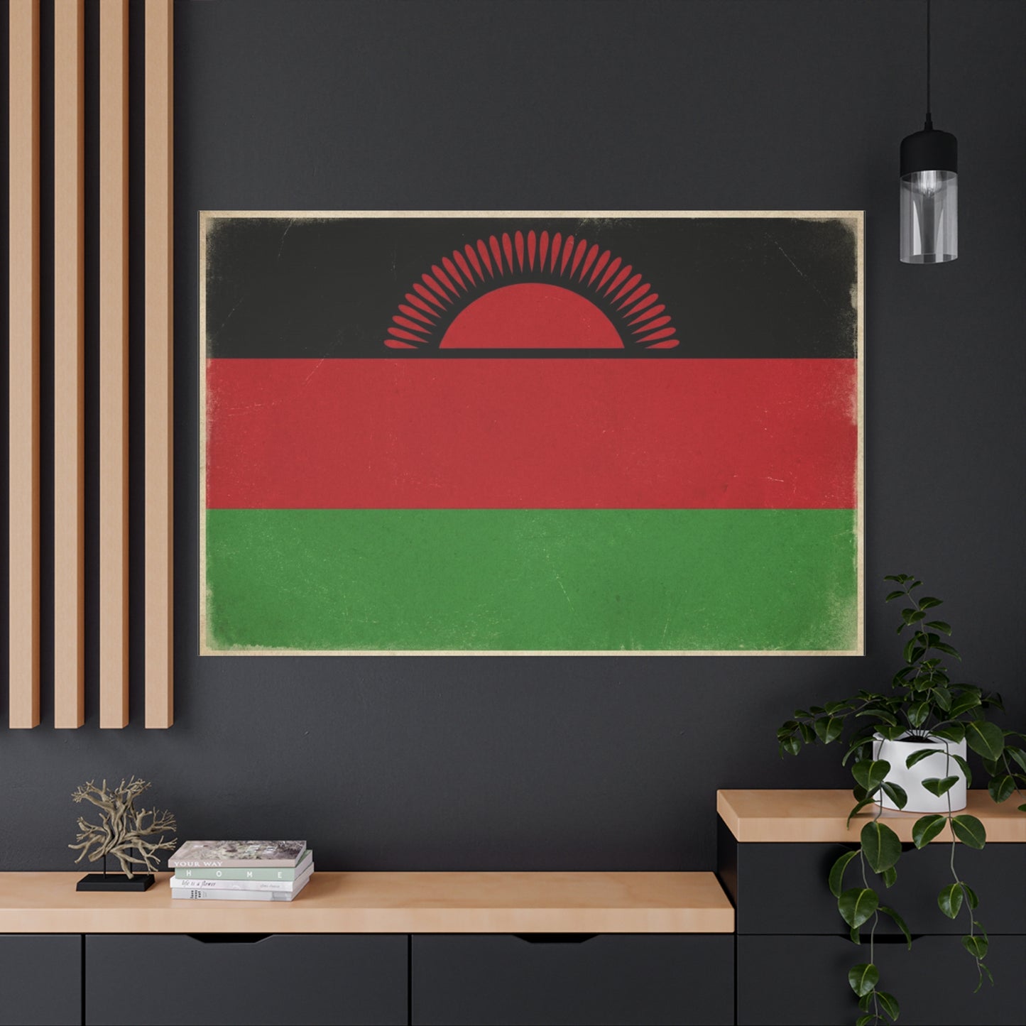 Malawi Flag Canvas Wall Art - Vintage Rising Sun National Flag Print, Pan African Red Black Green Design - Matte Canvas Decor - Living Room Wall Decor, Office Art Accent - Bedroom Home Decoration