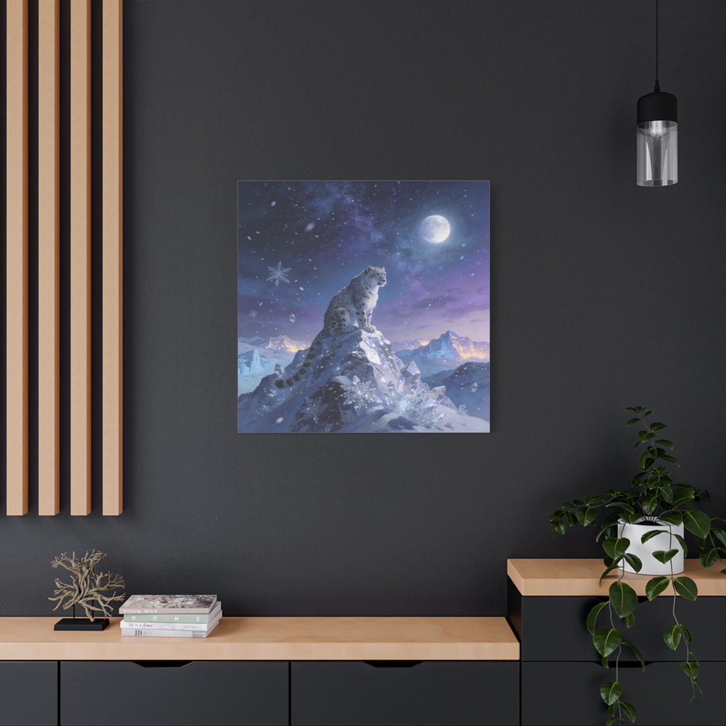 Snow Leopard Canvas Wall Art - Moonlit Arctic Crystal Landscape, Fantasy Wildlife Print - Matte Cotton Canvas - Contemporary Winter Style - Living Room Wall Decor Bedroom Home Decoration
