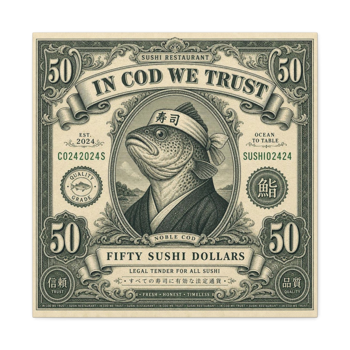 "In Cod We Trust" Sushi Restaurant Canvas Wall Art - Vintage Money Bill Fish Illustration, Typography Poster Style, Cotton Canvas Print, Cafe Decor, Dining Room Accent, Office Art - Ready to Hang