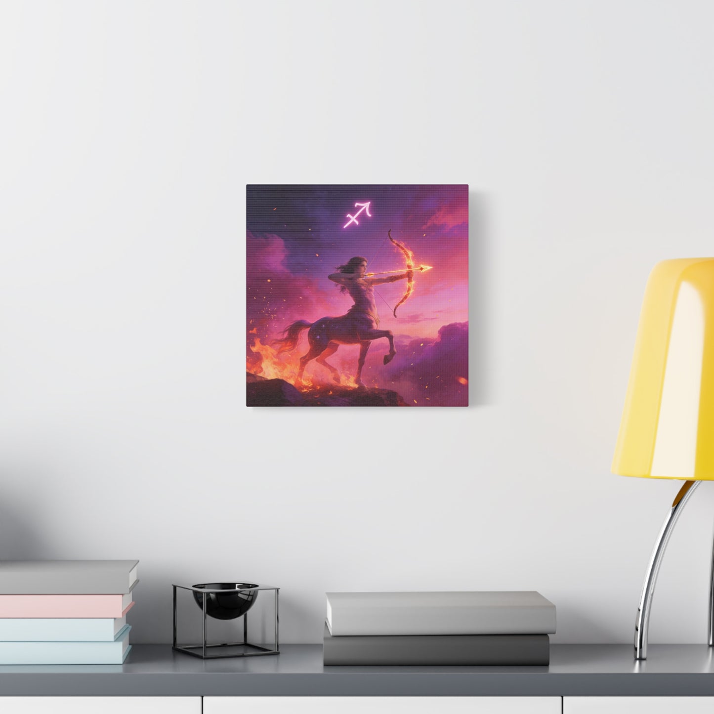 Sagittarius Centaur Archer Canvas Wall Art - Zodiac Fantasy Fire Bow Illustration - Purple Pink Matte Canvas Print - Bedroom Home Decoration, Living Room Wall Decor, Celestial Decor - Ready to Hang