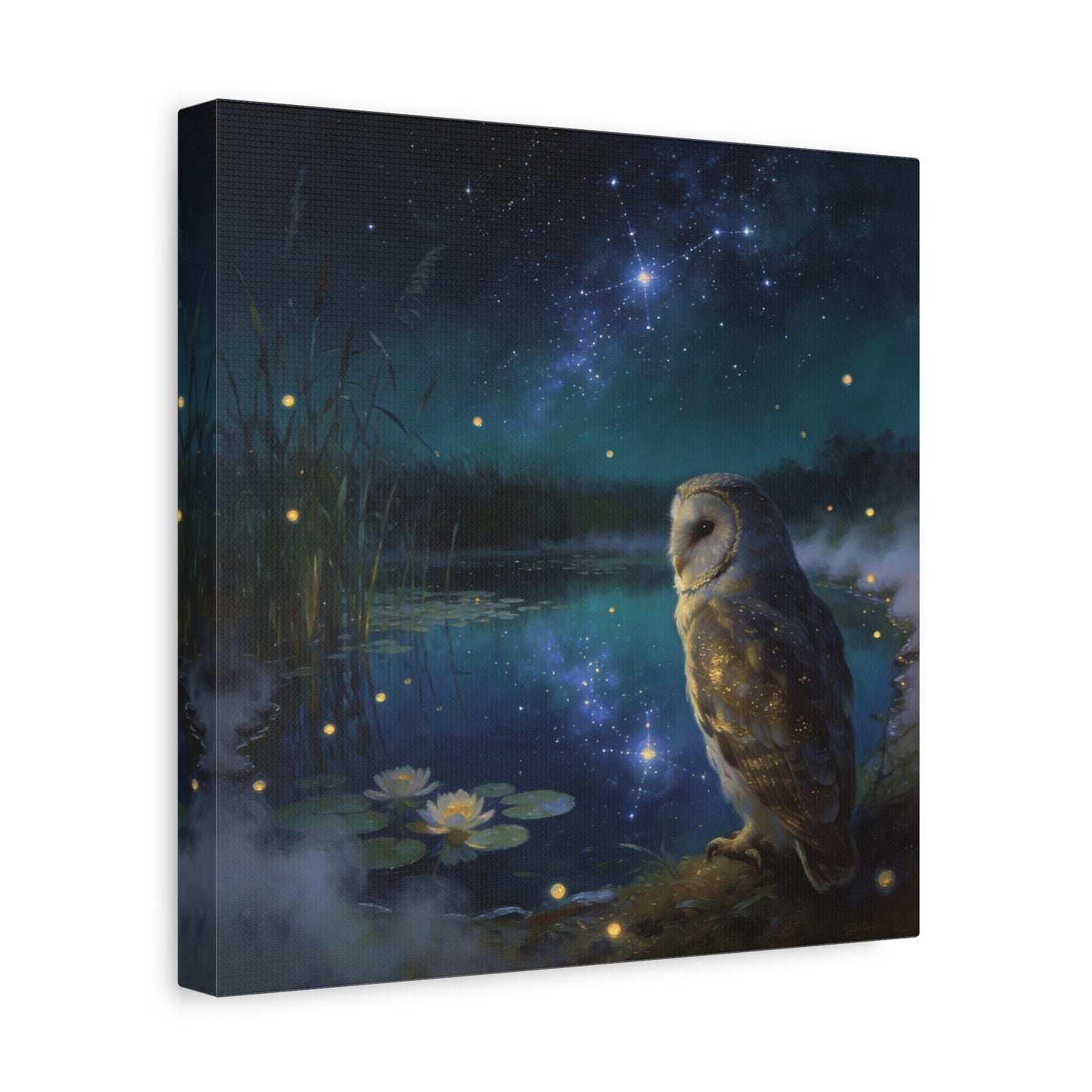 Barn Owl Canvas Wall Art - Moonlit Pond, Fireflies, Water Lilies, Starry Night Sky - Dreamy Wildlife Painting - Matte Finish Canvas Print - Bedroom Wall Decor, Nursery Accent - Bedroom Home Decoration