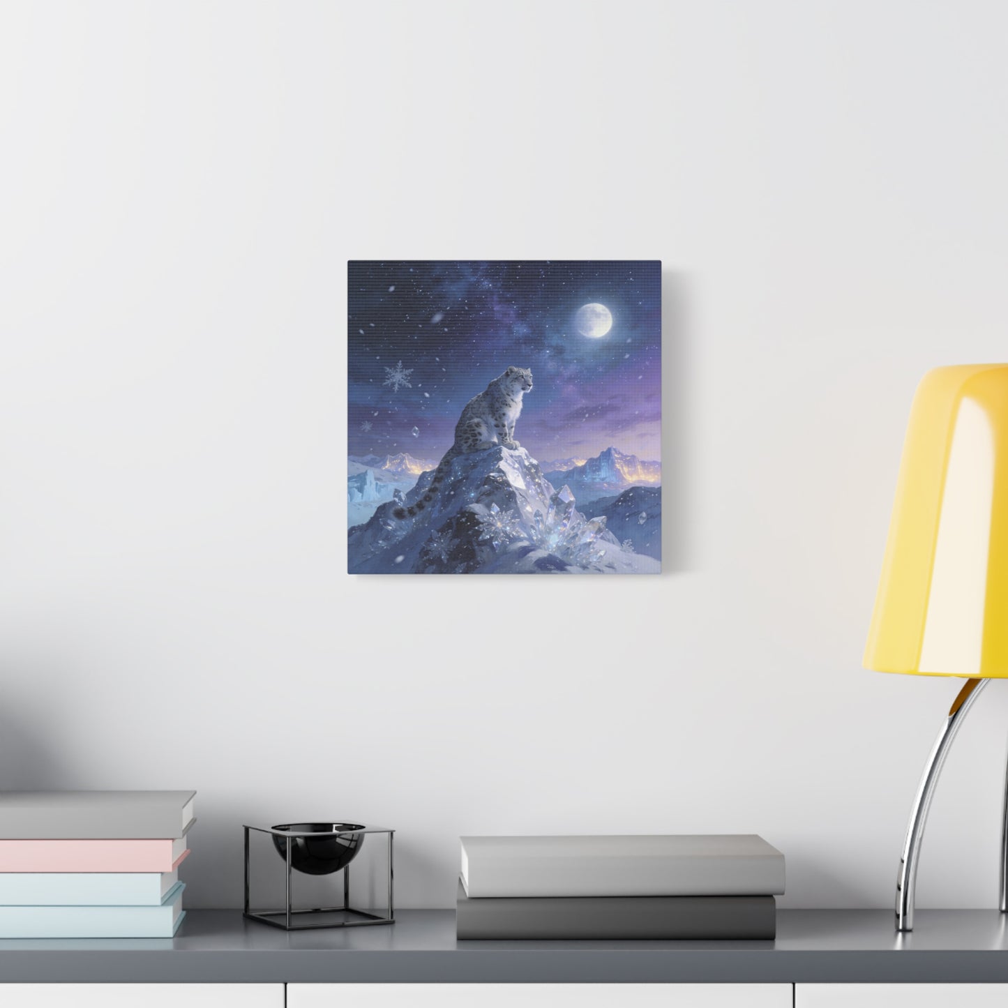 Snow Leopard Canvas Wall Art - Moonlit Arctic Crystal Landscape, Fantasy Wildlife Print - Matte Cotton Canvas - Contemporary Winter Style - Living Room Wall Decor Bedroom Home Decoration