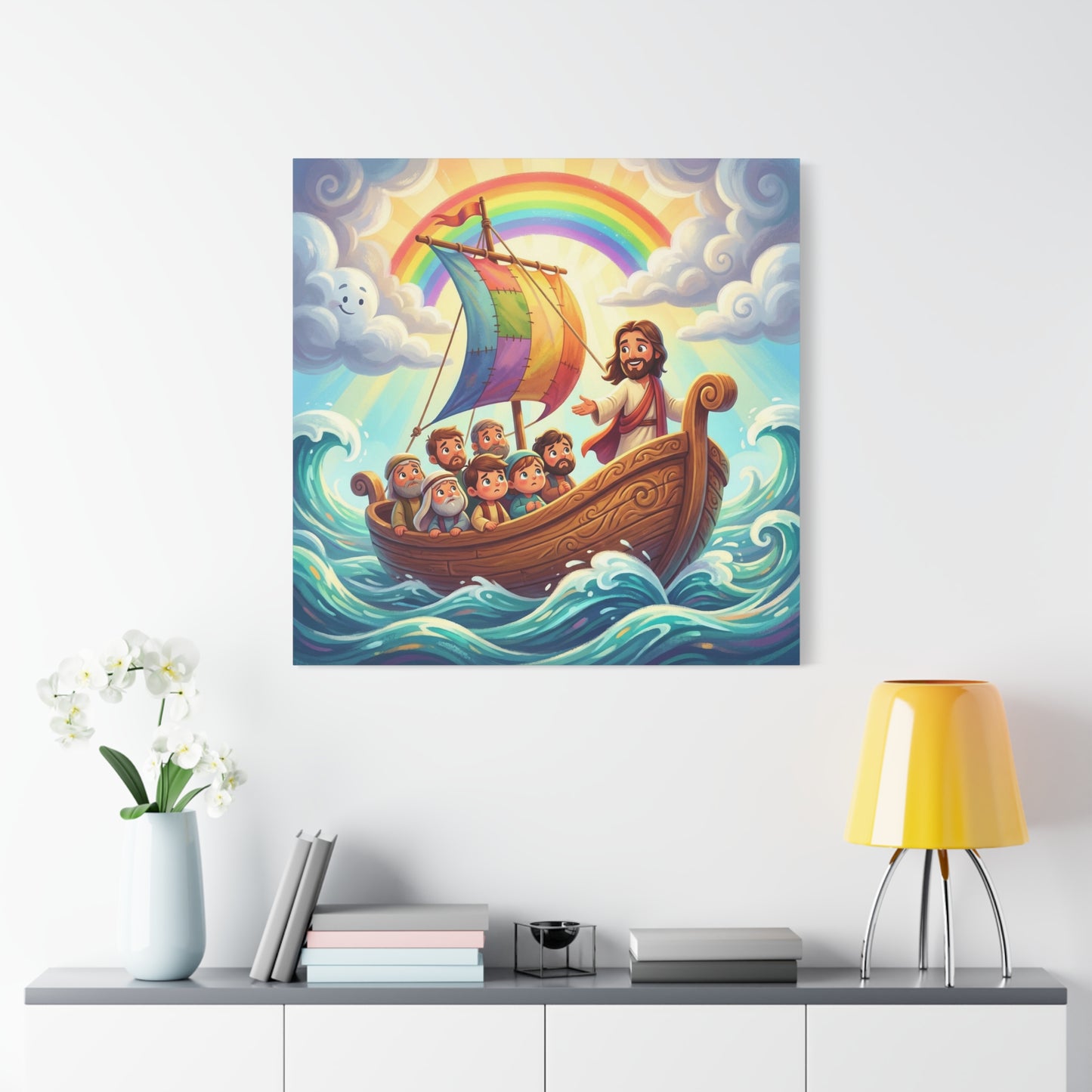 Jesus Boat Canvas Wall Art - Rainbow Sail, Disciples At Sea, Christian Nursery Decor - Matte Cotton Print - Whimsical Religious Style For Kids Bedroom Playroom Home Decoration - Living Room Wall Decor