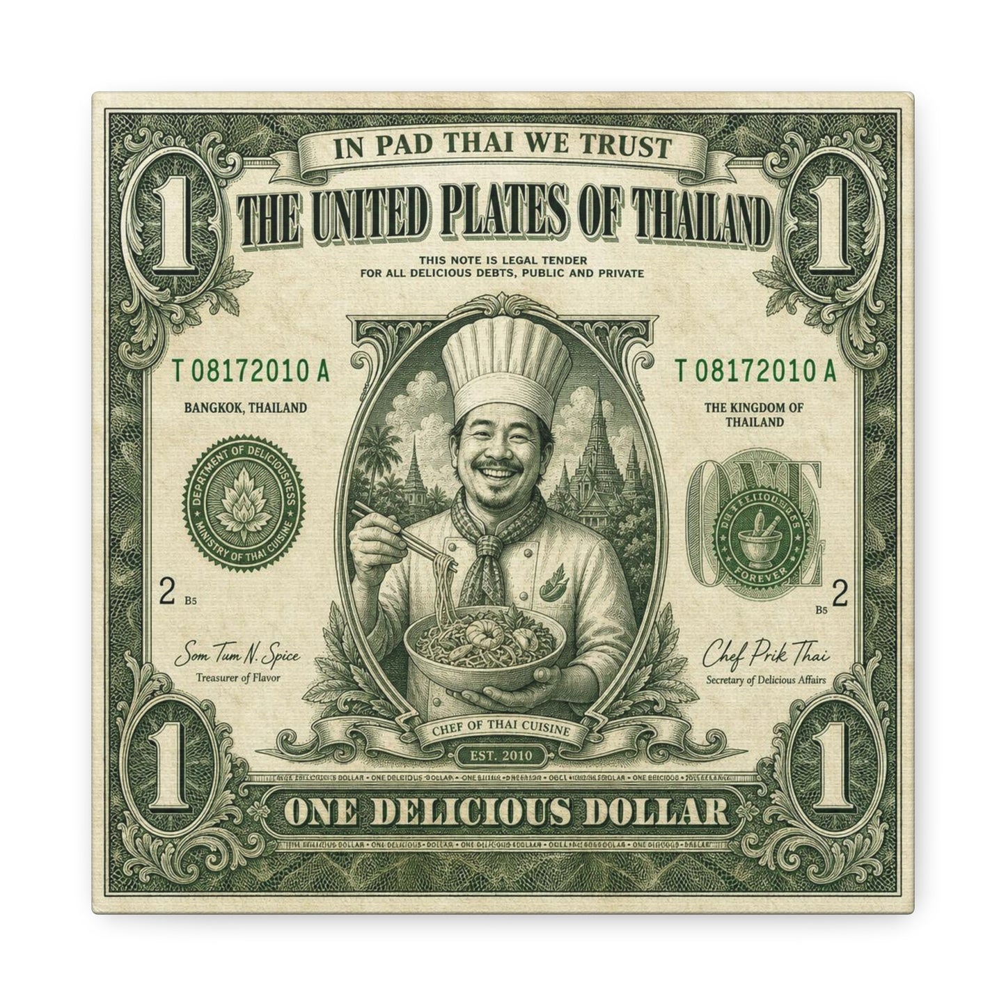 "In Pad Thai We Trust" Typography Canvas Wall Art - Vintage Thai Currency Illustration, Chef Portrait, Bangkok Thailand Food Poster Style - Kitchen Wall Decor, Dining Room Accent - Ready to Hang