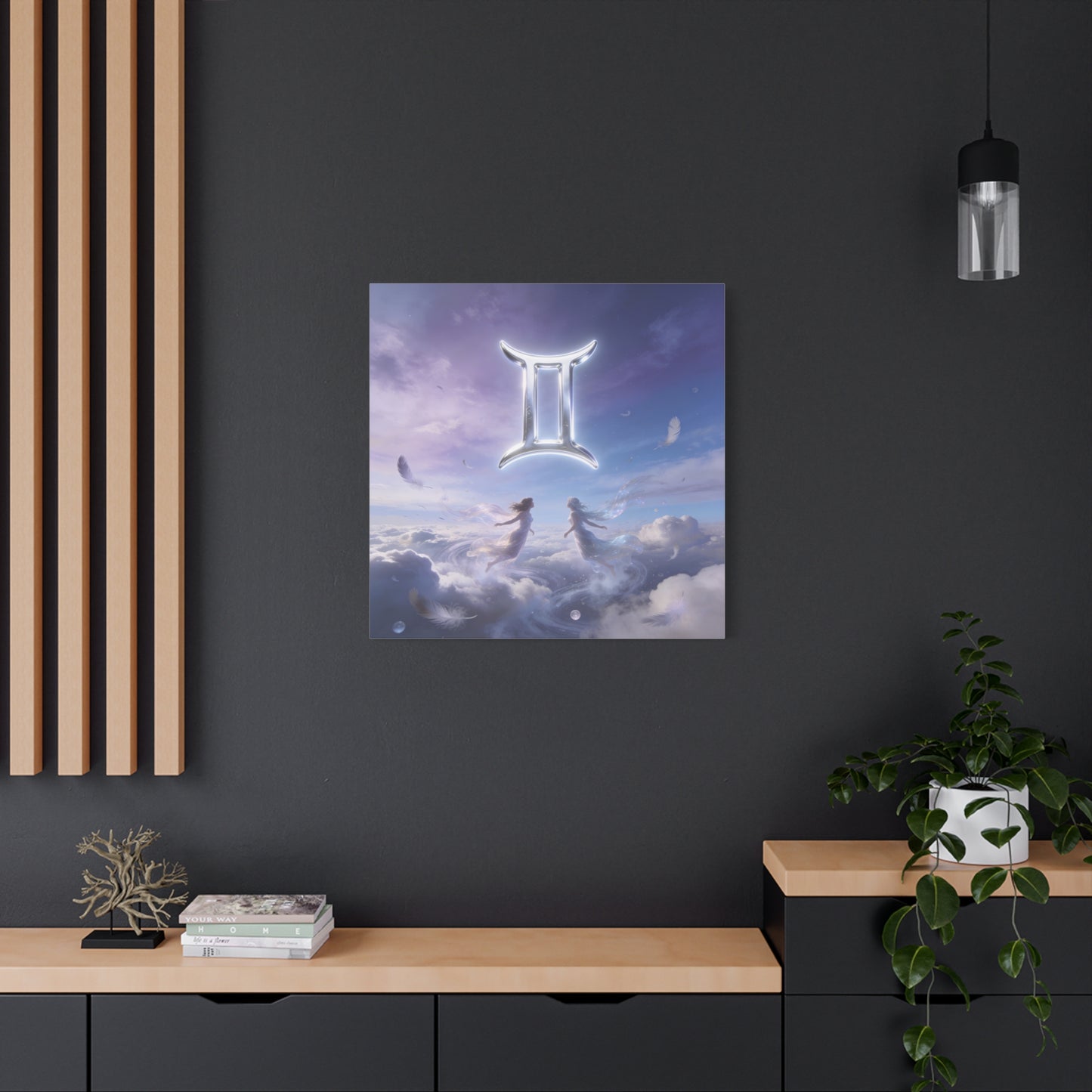 Gemini Zodiac Canvas Art Print - Glowing Twin Symbol, Ethereal Sky Illustration - Dreamy Celestial Typography Style - Cotton Canvas Decor For Bedroom, Living Space, Meditation Room - Office Wall Art