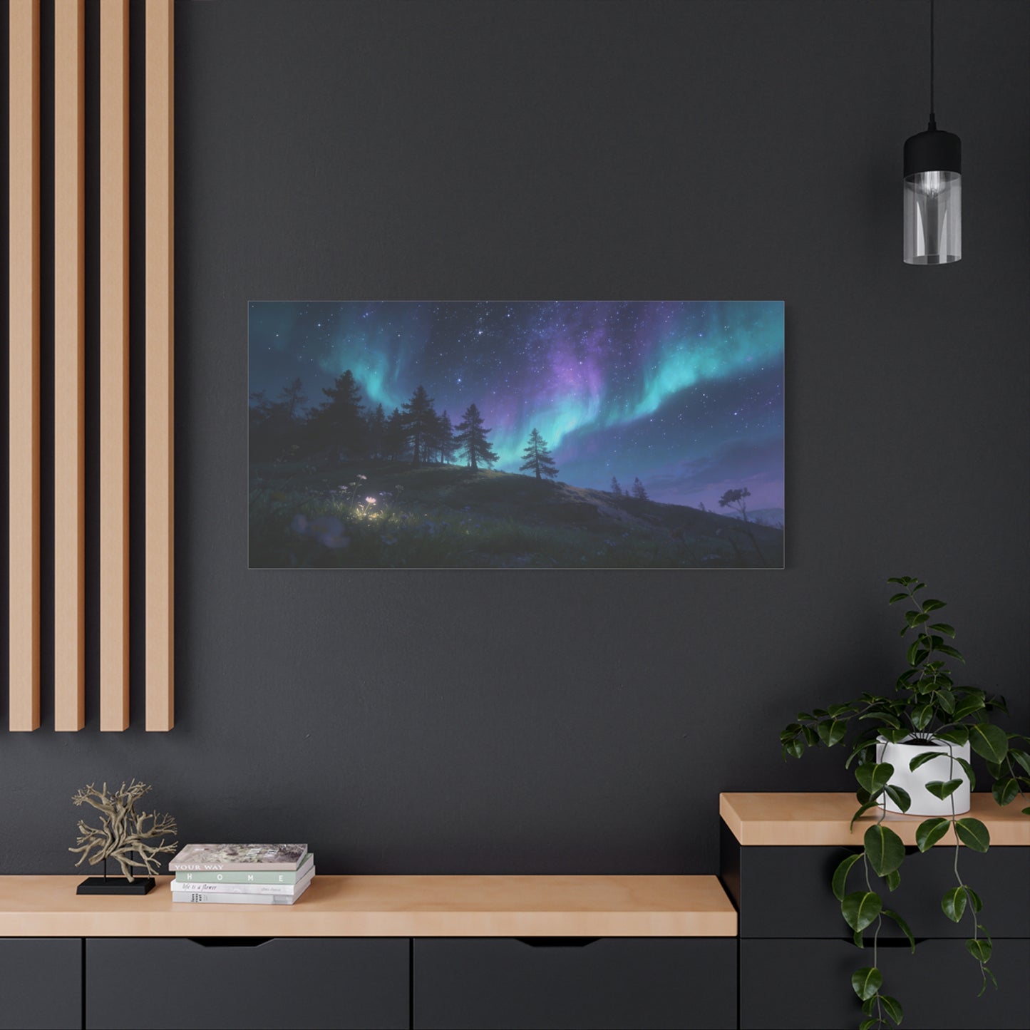 Northern Lights Canvas Wall Art - Aurora Borealis Night Sky Landscape Print, Starry Forest Meadow, Calming Contemporary Decor - Living Room Wall Decor, Bedroom Home Decoration - Modern Farmhouse Style
